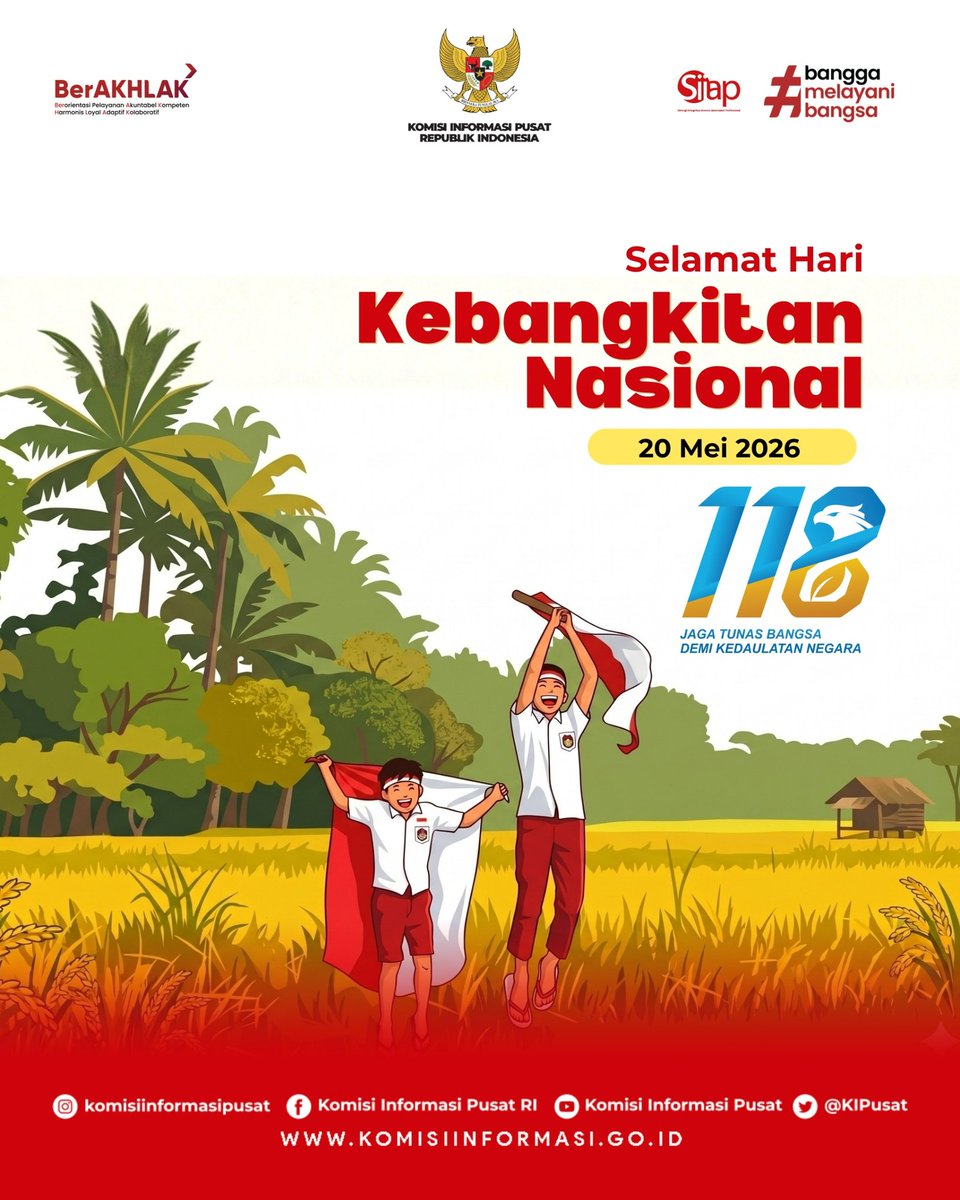 KIPusat's tweet photo. ✨ Selamat Memperingati Hari Kebangkitan Nasional ke-118 ✨

Hari Kebangkitan Nasional merupakan momentum untuk meneguhkan kembali semangat persatuan, nasionalisme, dan gotong royong dalam membangun Indonesia yang maju dan berdaulat.

Dengan mengusung tema “Jaga Tunas Bangsa Demi Kedaulatan Negara”, peringatan Harkitnas tahun ini menjadi pengingat pentingnya menjaga dan mempersiapkan generasi penerus bangsa melalui pendidikan, partisipasi publik, serta penguatan nilai demokrasi.

Sebagai bagian dari upaya mewujudkan Indonesia Emas, keterbukaan informasi publik memiliki peran strategis dalam membangun tata kelola pemerintahan yang transparan, akuntabel, dan partisipatif. Akses informasi yang terbuka dan berkualitas menjadi fondasi dalam meningkatkan kepercayaan publik serta mendorong keterlibatan masyarakat dalam pembangunan nasional.

Komisi Informasi Pusat mengajak seluruh elemen bangsa untuk terus memperkuat semangat keterbukaan informasi demi Indonesia yang lebih maju, inklusif, dan berdaya saing. 🇮🇩

#Harkitnas2026 #KeterbukaanInformasi #KomisiInformasiPusat