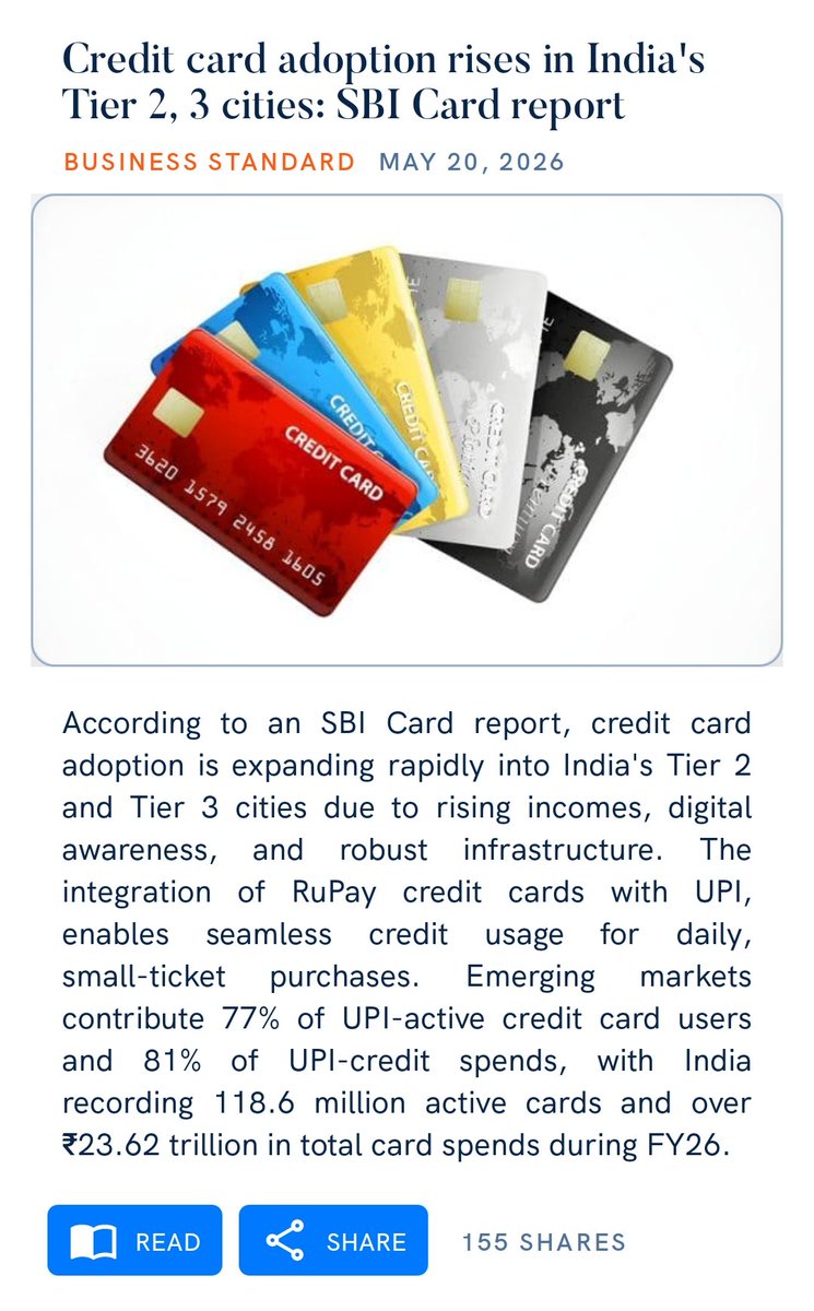 singhsiddharthj's tweet photo. Credit card adoption rises in India's Tier 2, 3 cities: SBI Card report. @AmitShah @bjp4balliait @BJP4India @BJP4UP @mppchaudhary @myogiadityanath @narendramodi @NitinNabin https://t.co/JafTYkVRjB