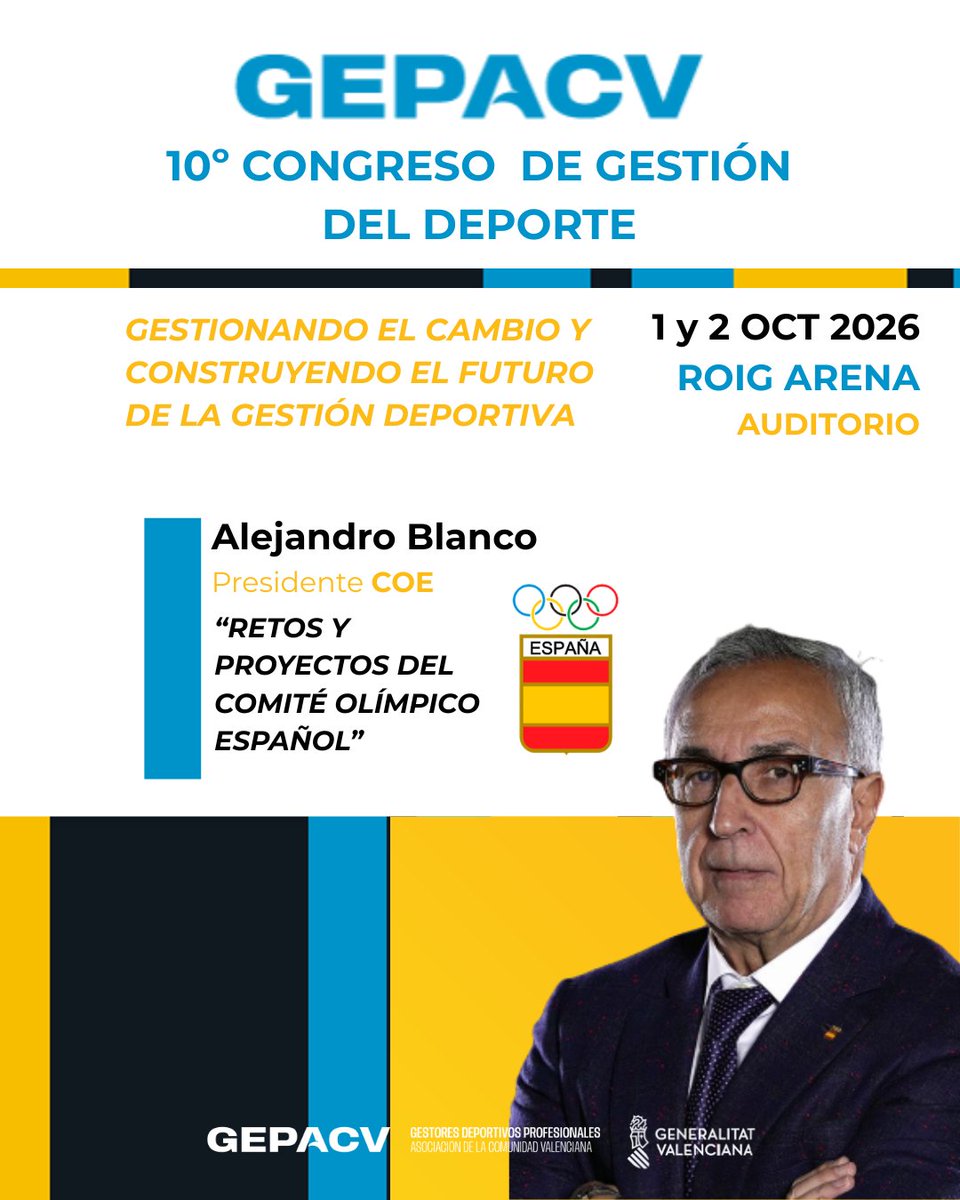 gepacv's tweet photo. 🚨 PRIMER PONENTE CONFIRMADO 🚨

El 10º Congreso de Gestión del Deporte de GEPACV contará con Alejandro Blanco, presidente del Comité Olímpico Español 🏅

📍 1 y 2 octubre 2026
📍 Roig Arena

🎟️ Inscripciones: https://t.co/SO1vv66hZe

#GEPACV #COE #GestionDeportiva https://t.co/jjxfrN6mhi