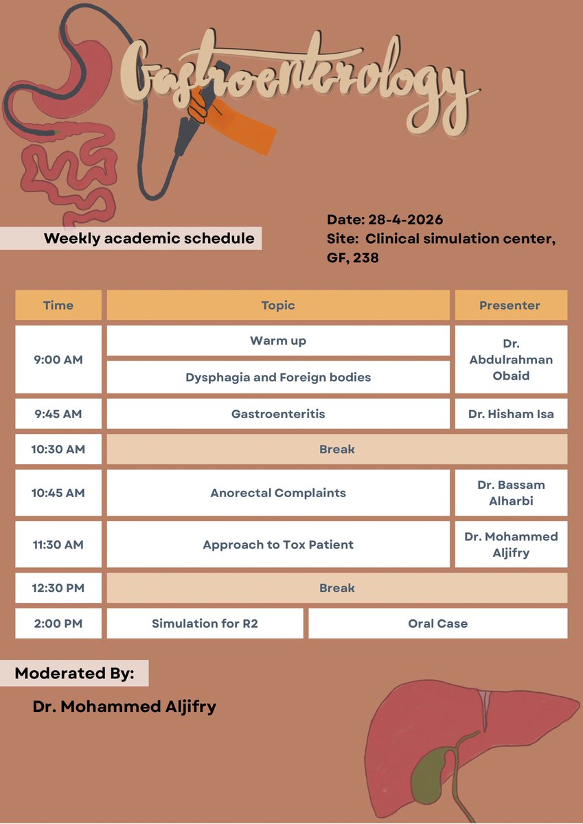 NghEmrtp's tweet photo. Continuing our journey in Gastroenterology chapter, under the supervision of Dr Mohammad Aljefri, a lecture entitled dysphagia and foreign bodies was presented by Dr. Abdulrahman Obaid. It was an amazing insightful discussion about approach to patients with dysphagia! 🤩 https://t.co/L5nKRPfALn