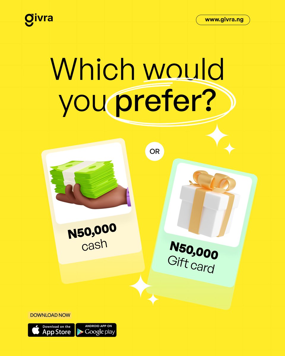 giftwithgivra's tweet photo. ₦50k cash… or a thoughtful gift card sent specially to you? ✨

Money gets spent.
But meaningful gifting? That feeling stays with you.

So… cash or gift card? 👇

Tell us in the comments 😄

#Givra #DigitalGifting #GiftCardsNigeria #ThoughtfulGifting https://t.co/K4bPOCdAyZ