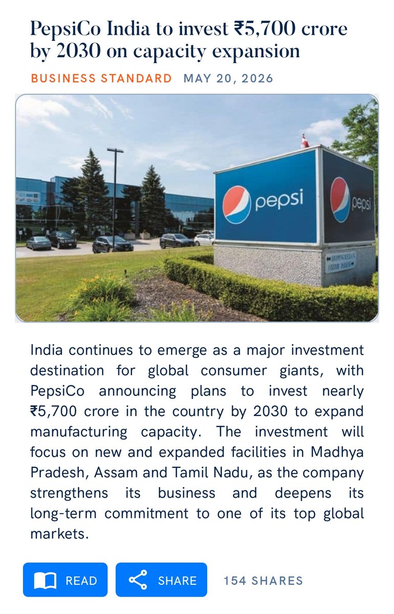 singhsiddharthj's tweet photo. PepsiCo India to invest ₹5,700 crore by 2030 on capacity expansion. @AmitShah @BJP4India @BJP4UP @mppchaudhary @myogiadityanath @narendramodi @NitinNabin https://t.co/Amg4e9HjVV
