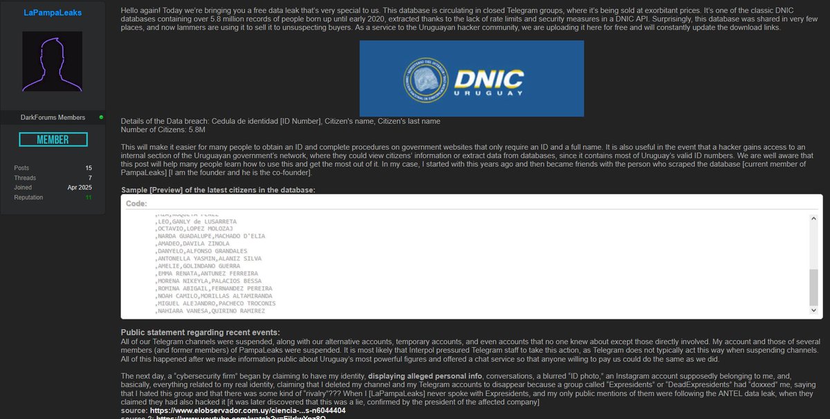 EPreve's tweet photo. 🏴‍☠️ AHORA - PAMPA LEAKS

✔️La Pampa Leaks acaba de publicar en la dark web otro supuesto hackeo a la Direccion Nacional de Identificación Civil con los nombres completos y la cédula de identidad de 6.385.000 documentos asignados pertenecientes a 5.800.000 personas registradas en Uruguay.

✔️También grabó un video de cómo llegó a los usuarios, por ejemplo, del ex presidente Lacalle Pou, y lo publicó en la dark web.
