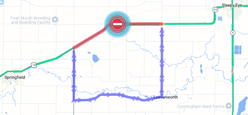 mndotscentral's tweet photo. Traffic Alert - Highway 14 east of Springfield is temporarily closed and traffic detoured due to a crash. Watch for emergency vehicles. For current travel information: https://t.co/OAq7yc361o (5/20 at 7:30 a.m.) https://t.co/wnYi9sJLQn