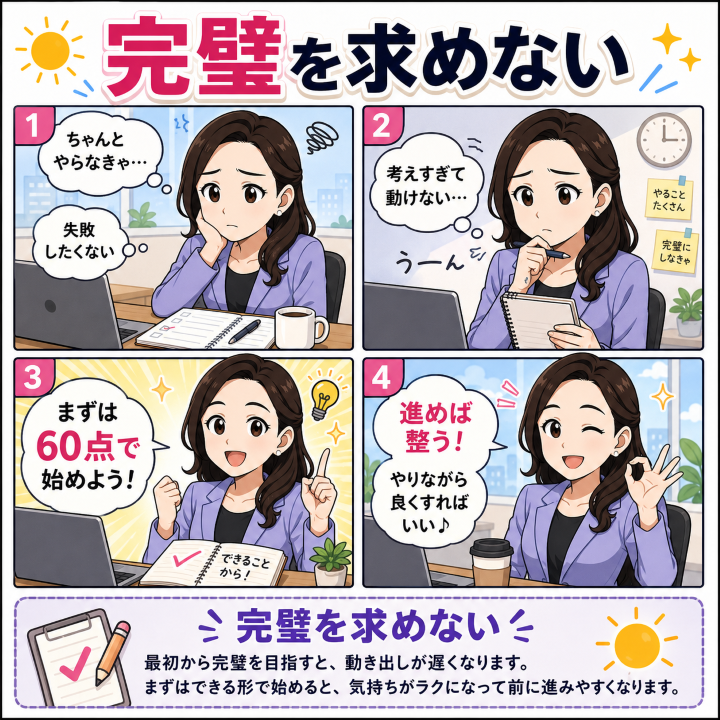 OfficeWith's tweet photo. ちゃんとやらなきゃ…で止まってない？

完璧を求めすぎると、動き出しが遅くなる
まずは60点で始めていい
進めながら整えれば大丈夫✨
完璧より、前進を選ぼう
今日、あなたは何を始めますか？ https://t.co/G0ppKL3vZG