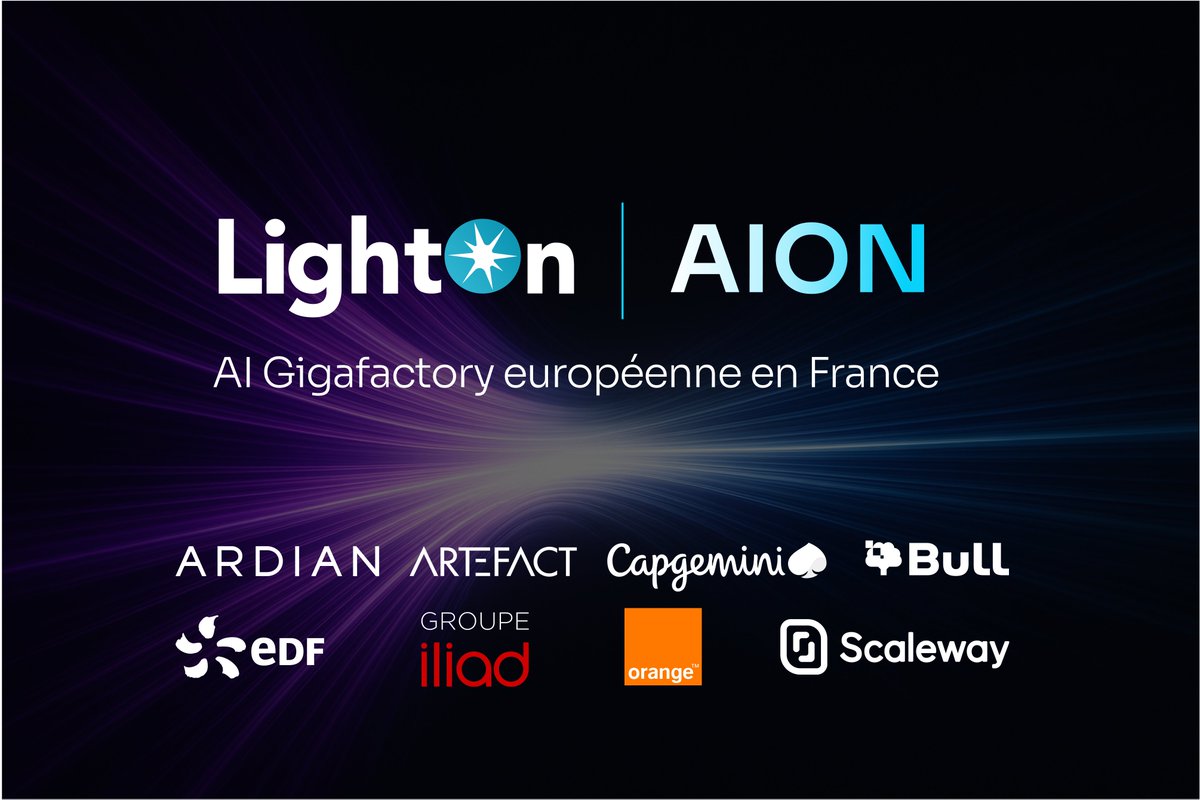 LightOnIO's tweet photo. 🇪🇺 LightOn rejoint le consortium AION porté par @Ardian, @Artefact_France, @BullAIDestiny, @Capgemini, @EDFofficiel, @GroupeIliad, @orange et @Scaleway pour contribuer à l’émergence d’une AI Gigafactory européenne en France.

Au sein du consortium, @LightOnIO apportera son expertise de l'IA en production : déployer, fiabiliser et passer à l'échelle des systèmes d'IA en environnement réel.

À l’ère des agents, l’IA devient une infrastructure stratégique.
Lire le communiqué 👇
https://t.co/KjaYdkwtwg