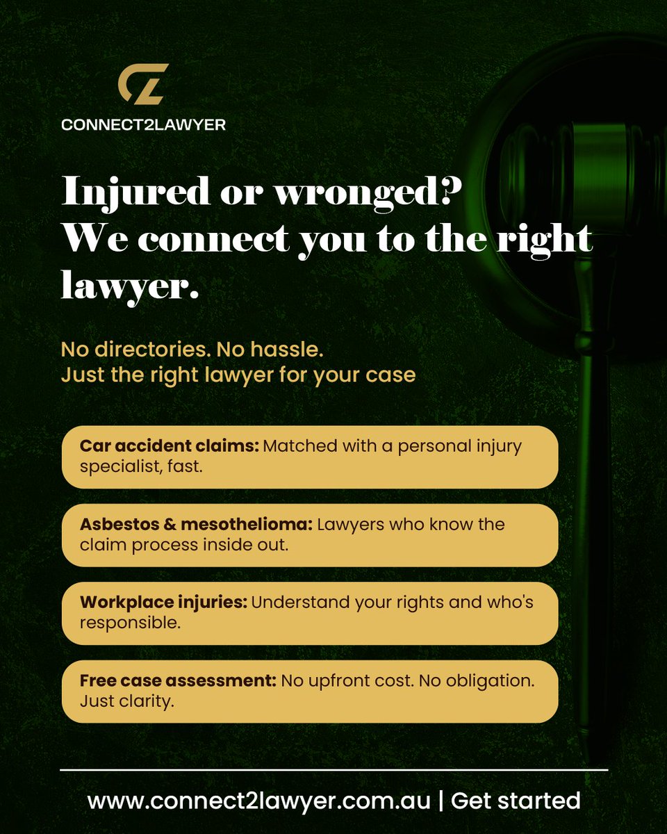 Connect2Lawyer's tweet photo. Injured or wronged? You deserve the right lawyer — not a scroll through endless directories. ⚖️

@Connect2Lawyer  matches you with specialist lawyers for personal injury, car accidents, workplace injuries &amp; mesothelioma claims. Free case assessment. No upfront cost. https://t.co/NDClbx6tTK