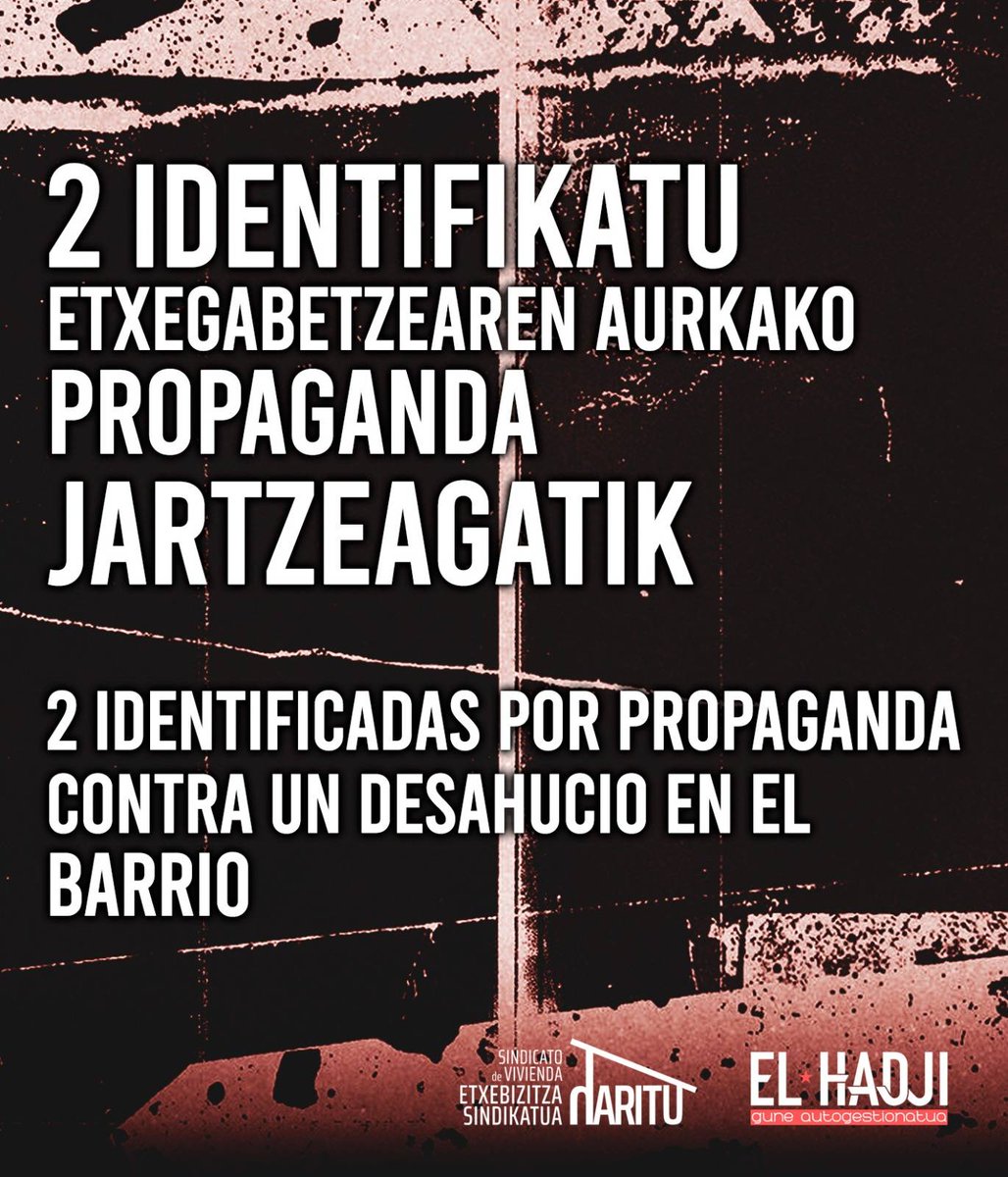 haritu_sarea's tweet photo. Biharko etxegabetzea ekiditeko propaganda egiten ari ziren bi kide identifikatu ditu poliziak.

Etxegabetzei aurre egiteagatik pairatzen dugun errepresioa salatu eta biharko deialdia mantetzen dugu.

Gaur gauean informazio gehiago.

Etxegabetze guztiak gelditu! https://t.co/v4Ru3rOMyD
