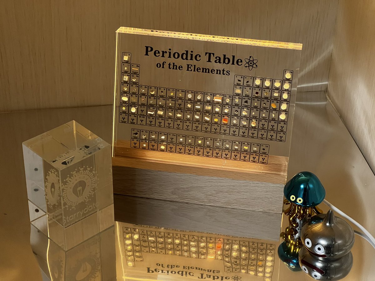 Starrydata's tweet photo. そして我が家にやってきたリアル元素の周期表。私にとってのパワーストーンは元素単体（およびその化合物)なので、このアイテムできっと私のMPが増えると思います。中国から届けていただいたんだと思うので、こんな風に良いと思う物が国境を越えて届く世界がずっと続くといいなと思いました。 https://t.co/sYSFufmIQP