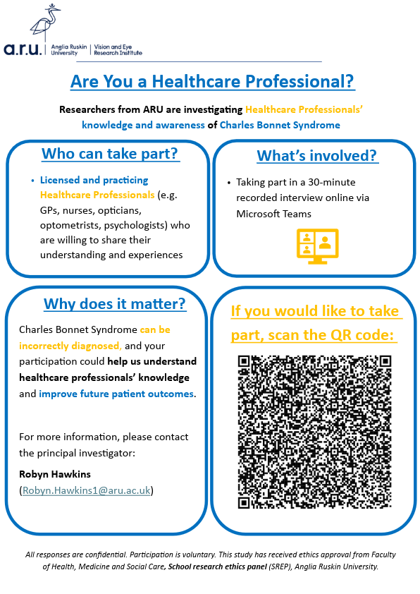 veri_aru's tweet photo. We are investigating Charles Bonnet syndrome, and especially what healthcare professionals know about it. Please take part. Details in poster. https://t.co/qUIg1FEfWl