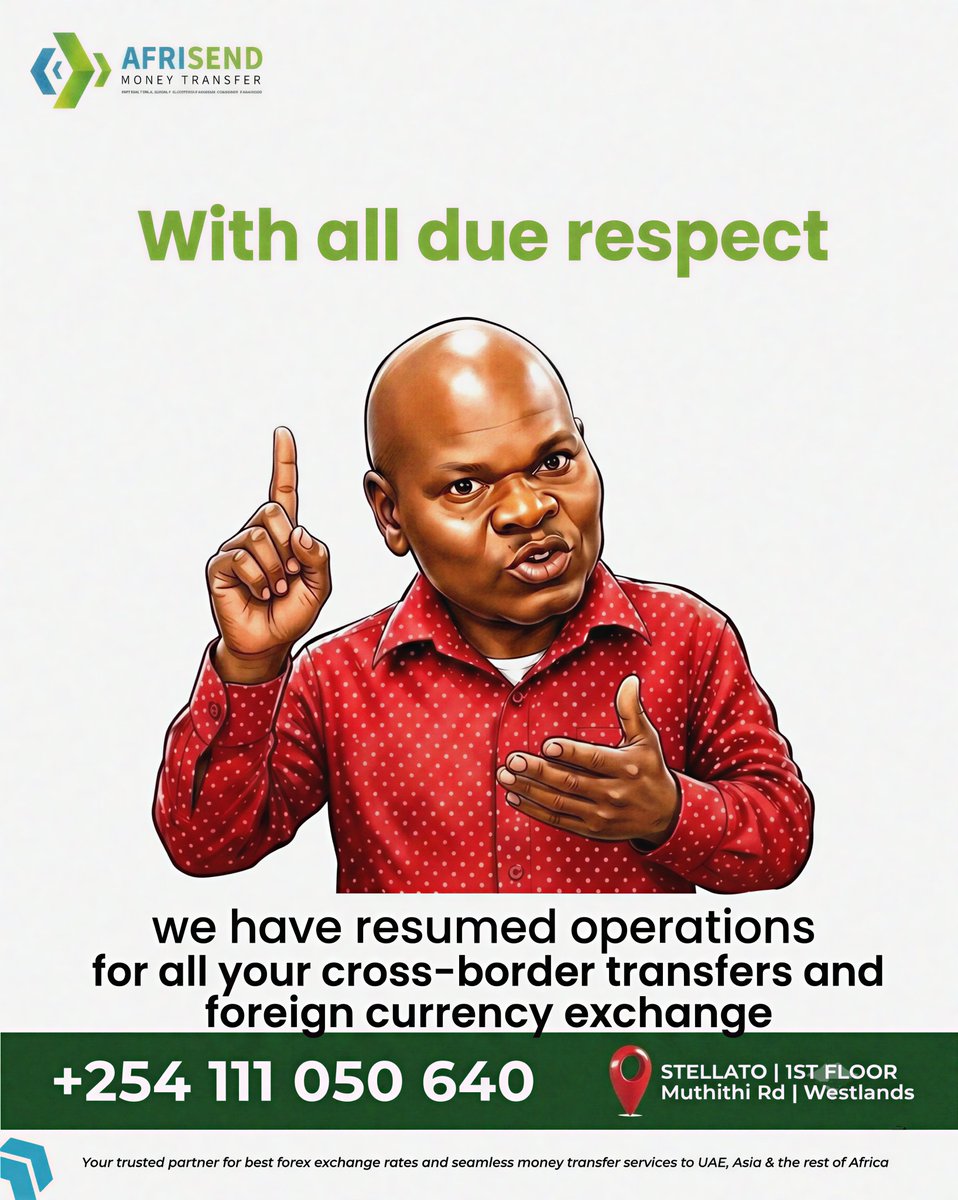 AfrisendIMT's tweet photo. With all Due Respect. We are back in business
For the best forex rates and money transfer services
in nairobi!

Lock in your deal with us TODAY!
#MoneyTransfer #EchangeRates #Nairobi #WithAllDueRespect https://t.co/bYlX7yf4g8