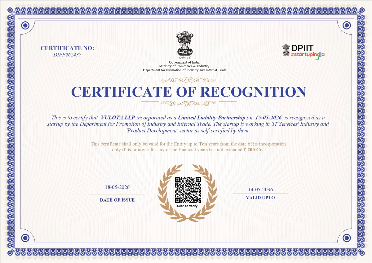 vulota's tweet photo. Vulota LLP is now officially recognized under the Startup India initiative 🇮🇳

A new milestone in our journey to build innovative cybersecurity &amp; threat analysis solutions. 🔐

More coming soon. 🔥

#StartupIndia #Vulota #CyberSecurity #IndianStartup https://t.co/hwS8ebRBhg