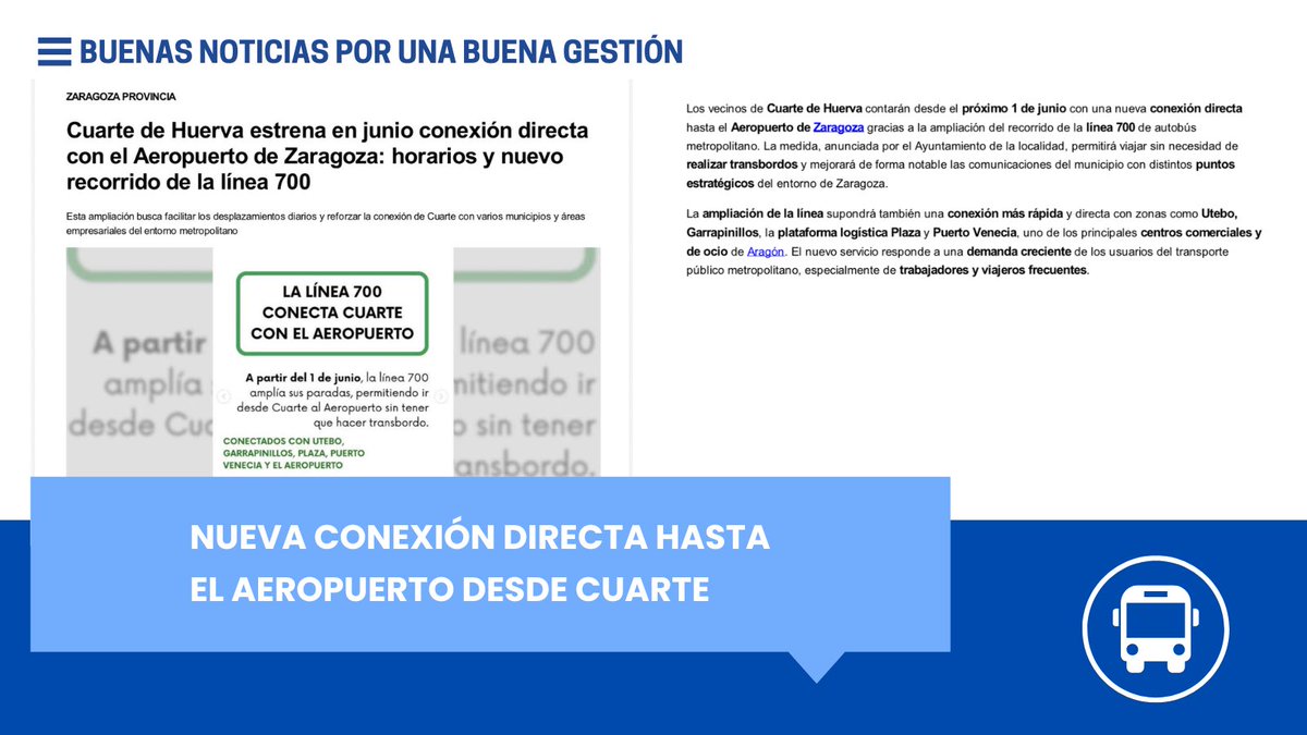 PPdeZaragoza's tweet photo. Buenas noticias para Cuarte que muy pronto contará con una nueva conexión directa desde el municipio al aeropuerto de Zaragoza.

Lee la noticia completa en @aragondigital https://t.co/TJd71GZ5Yy