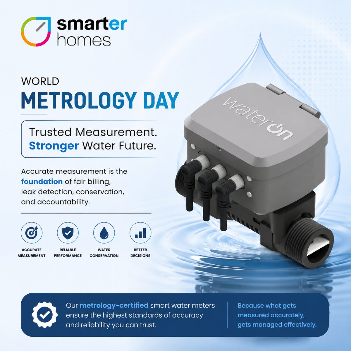 smarterhomes02's tweet photo. Trusted measurement is the foundation of smarter water management.
This #WorldMetrologyDay we celebrate the role of accurate, reliable &amp; metrology-certified #smartwatermetering in enabling fair billing, leak detection, accountability &amp; water conservation
#Metrology https://t.co/IshBhqgwxG