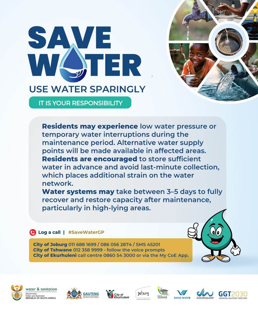 GautengProvince's tweet photo. [IMPORTANT NOTICE ⚠️]: @Rand_Water will conduct major planned maintenance from 29 May – 02 June 2026, and again on 17 July 2026. The work will affect most municipalities, including Johannesburg, Tshwane and Ekurhuleni. #SaveWaterGP https://t.co/HlpEToHR3l
