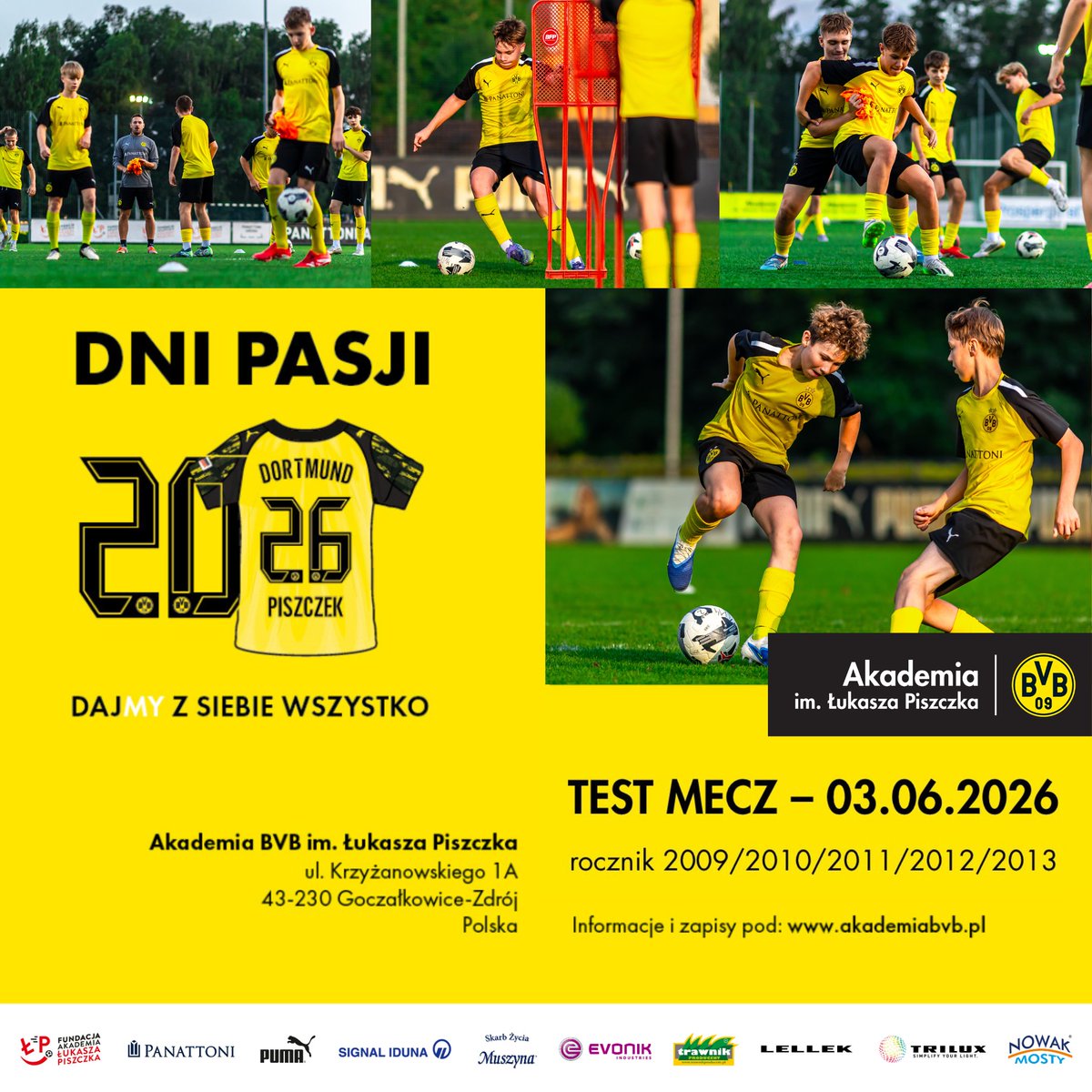 AkademiaBVB's tweet photo. To już ostatnia szansa na udział w treningu naborowym na sezon 2026/2027! 🖤💛

Przed nami ostatnie wydarzenie w ramach Dni Pasji 2026 - TEST MECZ dla roczników 2013-2009‼️🔥⚽

ZapraszaMY do udziału➡️ https://t.co/ze4WzyBeIa

*formularz zgłoszeniowy aktywny jest do 31.05.2026 r. https://t.co/rqUmJT8iJ8