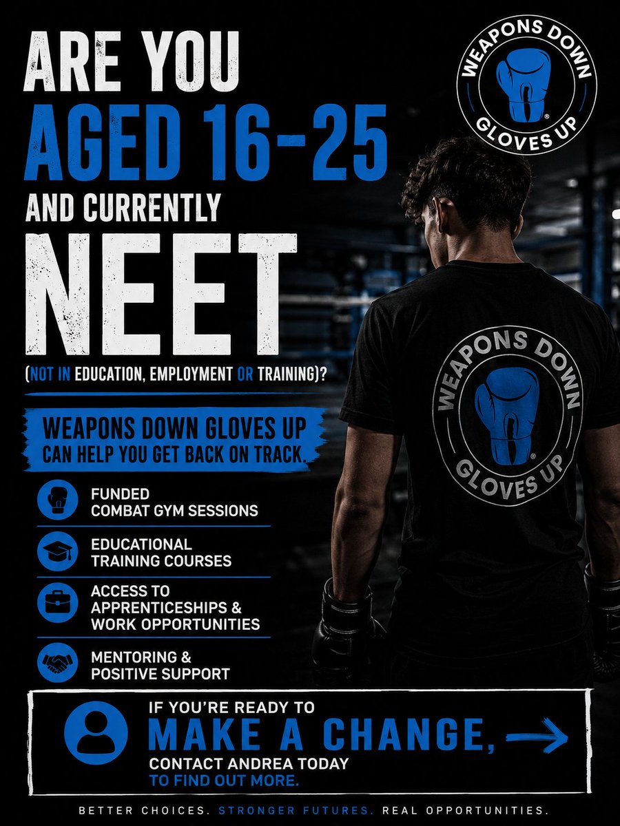WDGU_SEE's tweet photo. Are you 16–25 and currently not in education, employment or training? 👊

WDGU can help you get back on track through:
🥊 Funded combat gym sessions
🎓 Education &amp; training
💼 Apprenticeships &amp; work opportunities
🤝 Mentoring &amp; support
Ready to make a change?
📩 Get in touch https://t.co/tc2p3hzGHJ