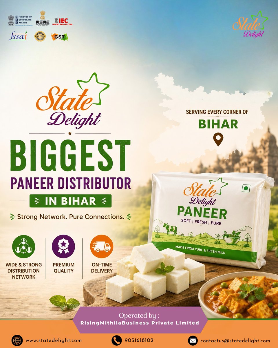 state_delight's tweet photo. Delivering freshness, consistency, and trust across Bihar.

State Delight continues to strengthen its dairy distribution network with premium-quality paneer products trusted by retailers and customers statewide.

#StateDelight #DairyIndustry #PaneerDistributor #SupplyChain https://t.co/uFMjDyChRu