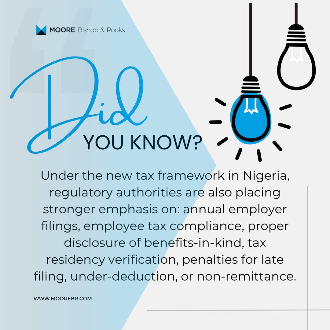 _MooreBR's tweet photo. Tax compliance is no longer just a routine obligation; it is now a critical part of corporate governance and business sustainability. With the evolving tax framework in Nigeria, companies are expected to maintain accurate filings, proper disclosures, and timely remittances to avoid penalties and regulatory risks.

Organizations that stay proactive, transparent, and compliant will not only reduce exposure to sanctions but also strengthen operational credibility and long-term business stability.

#MooreBishopandRooks #TaxCompliance
#PAYE
#NigeriaTaxAct
#TaxAdvisory
#TaxServices