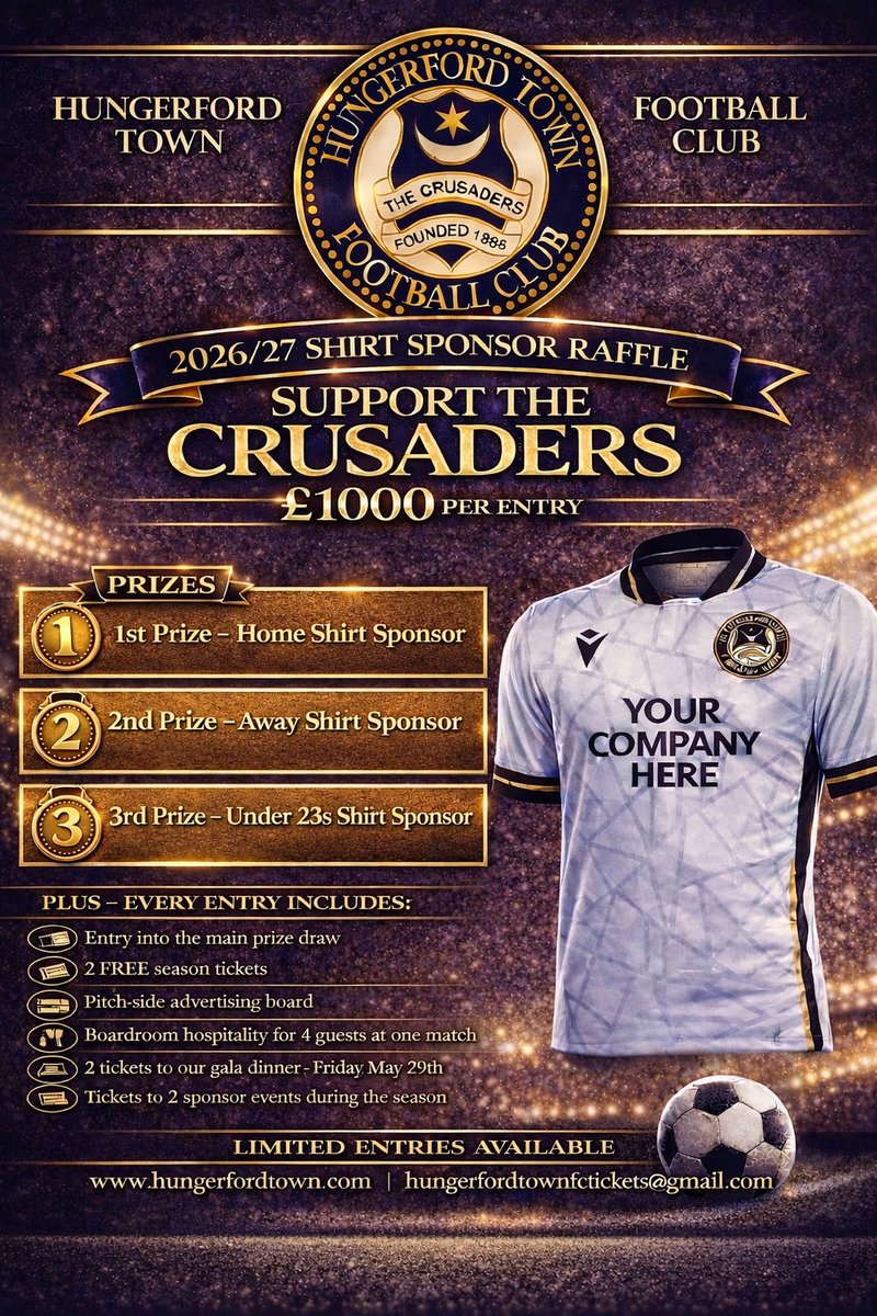 HungerfordTown's tweet photo. There is still time to enter our Sponsors Raffle! 

£1,000 entry for a chance to win 26/27 shirt sponsorships + guaranteed perks incl. season tickets, ads &amp; hospitality!

Get involved today -Email - hungerfordtownfctickets@gmail.com - Or send us a DM! https://t.co/pW6Udl4jxs