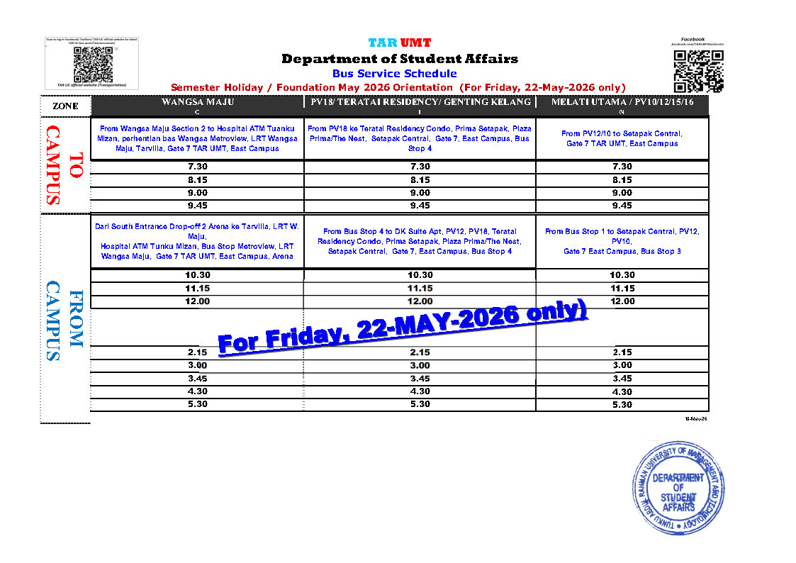 KlTaruc's tweet photo. TAR UMT shuttle bus schedule (Semester Holiday) (From 21-May-2026 to 22-May-2026) https://t.co/vCLcvxlA3f