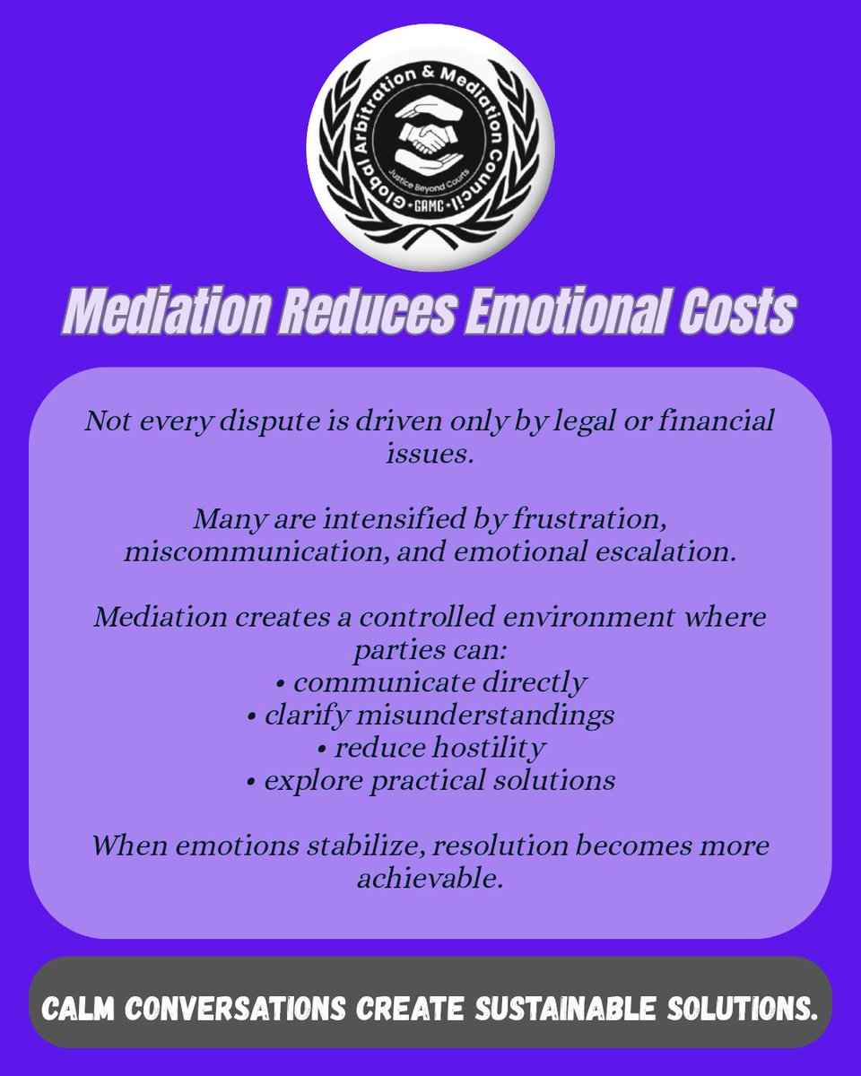 gamcadr's tweet photo. Many disputes escalate because emotions take control.
Mediation creates a safe space to communicate, reduce hostility, and find practical solutions. Calm conversations often lead to stronger resolutions.
#Mediation #ADR #ConflictResolution #ODR #GAMC https://t.co/HZXmqVQ73D
