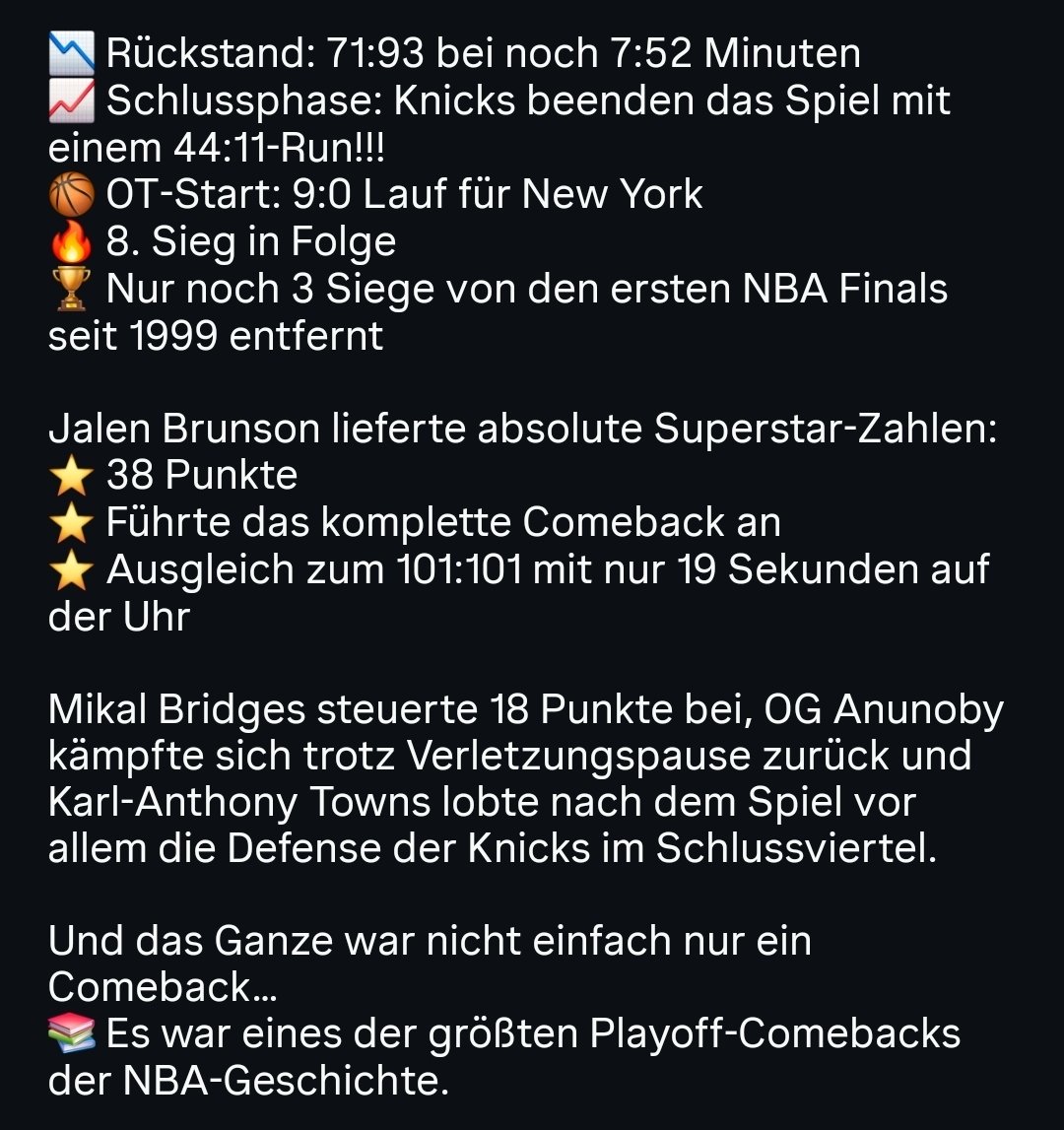 knicksgermany's tweet photo. +++HISTORISCHES COMEBACK IM MSG+++🗽🔥

Unsere Knickerbockers gewinnen Spiel 1 der Eastern Conference Finals nach Verlängerung mit 104:115 gegen die Cleveland Cavaliers — nachdem sie im 4. Viertel bereits mit 22 Punkten zurücklagen. 😳 https://t.co/UDrLyY9GBE