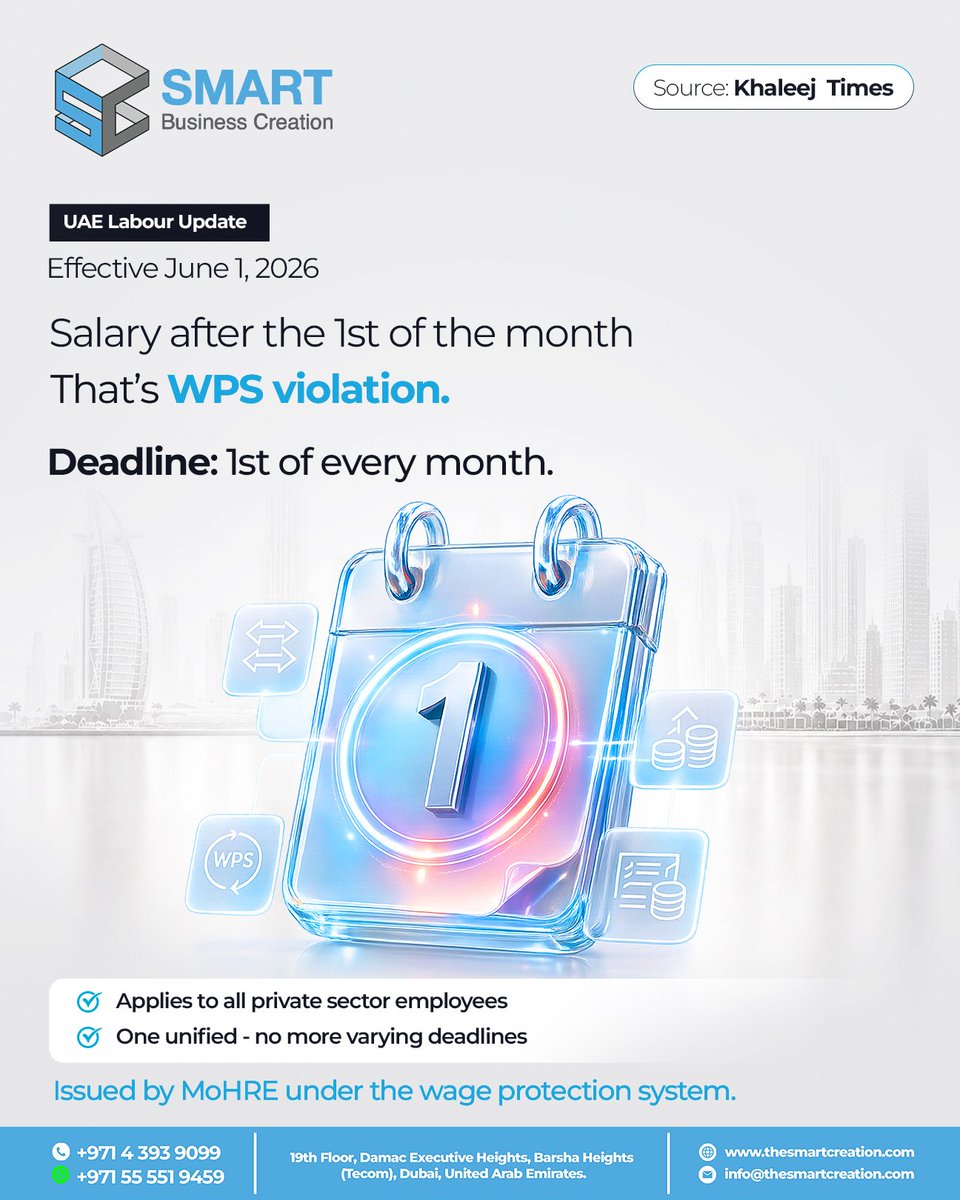 smartcreationae's tweet photo. The UAE has unified salary payment deadlines under the Wage Protection System (WPS).

Effective June 1, 2026, private sector employers must process salaries on the 1st of every month for the previous month. Any payment after this date may be considered delayed. https://t.co/pFTqtctzwm