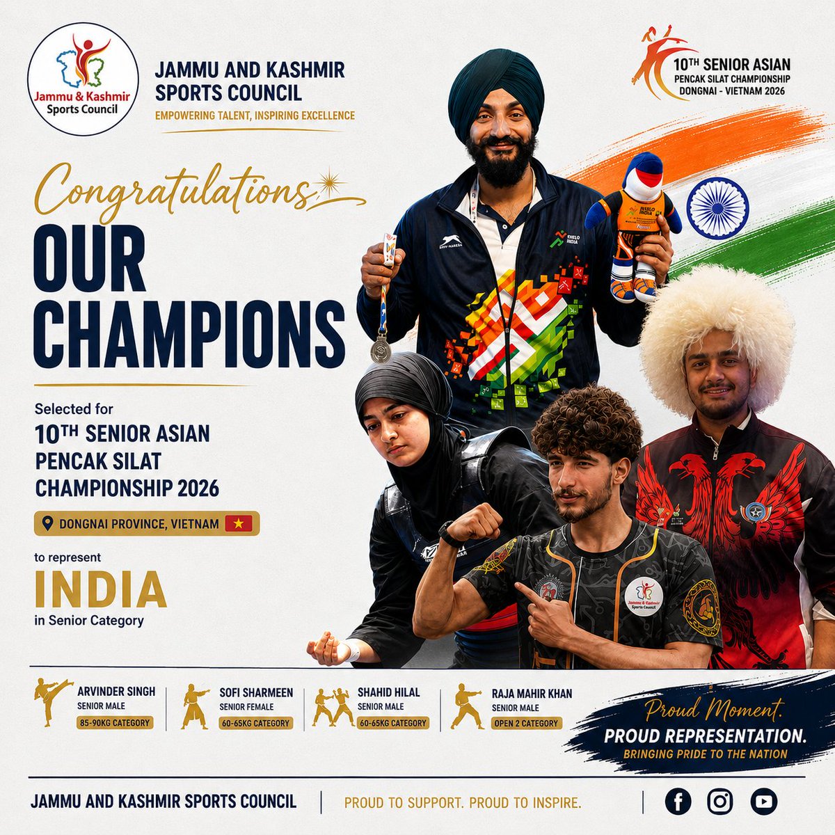 JKSportsCouncil's tweet photo. A proud moment for Jammu & Kashmir.
All 4 athletes from J&K have been selected to represent India at the 10th Senior Asian Pencak Silat Championship 2026, Dongnai Province, Vietnam.
Their hard work and discipline got them here. J&K Sports Council is proud to have walked alongside them.

This is exactly the Sporting India that Hon'ble PM Shri Narendra Modi Ji envisioned, and what Khelo India has been building, one athlete at a time.
Best wishes as they carry the tricolour to Vietnam. 🇮🇳

@PMOIndia  @CM_JnK @satishsharmajnk @listenshahid @diprjk @nuzhatjehangir @kheloindia @Media_SAI @FitIndiaOff @soumitra65 
#PencakSilat #AsianChampionship2026 #JammuAndKashmir #JKSportsCouncil #ProudMomentForIndia