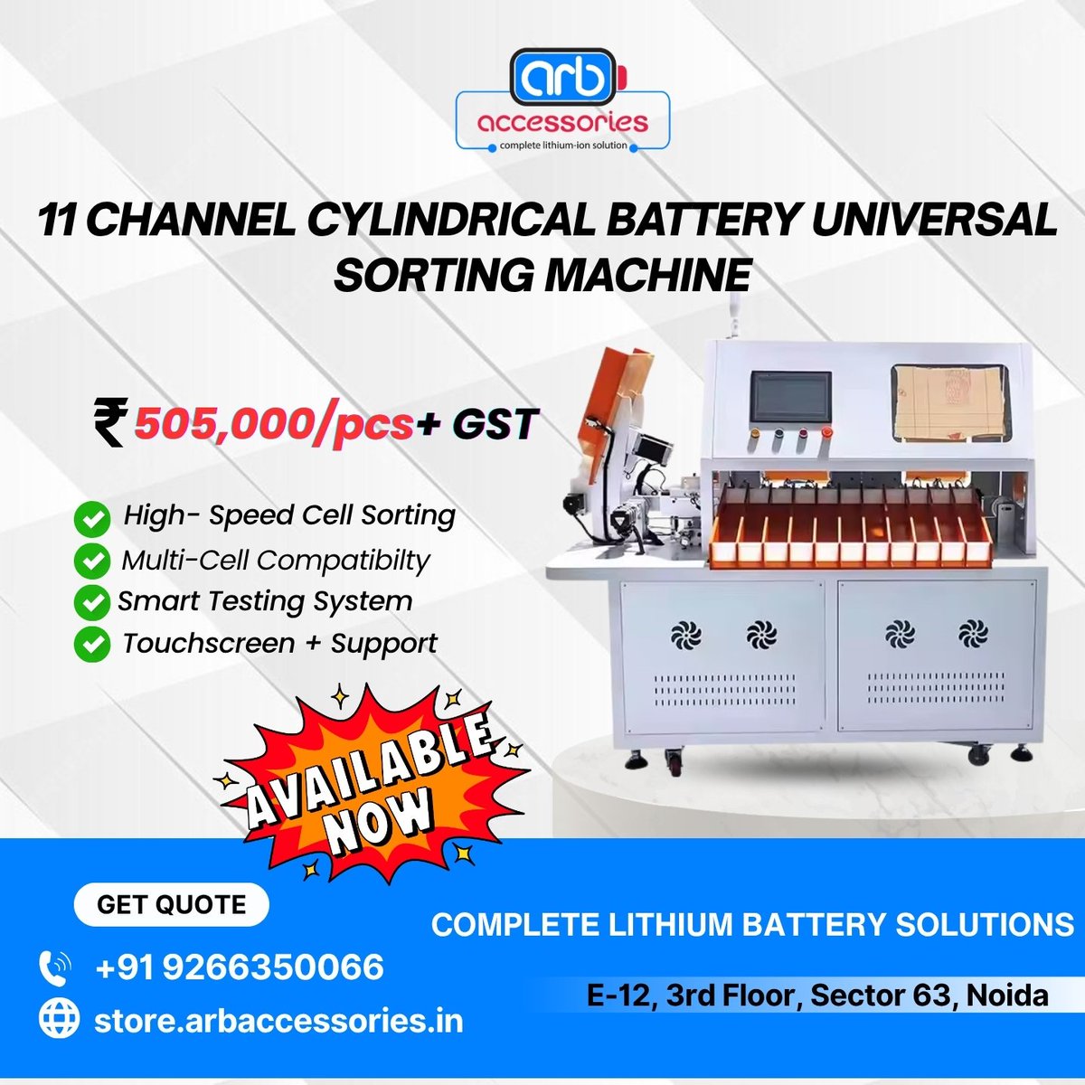arb_ltd's tweet photo. Smart Battery Sorting Machines Available Now π
π ARB Accessories, Noida
π +91 9266350066
π https://t.co/4BZbLAJl3D
#BatterySortingMachine #CellSorter #32700Battery #LithiumBattery #BatteryPack https://t.co/H1sGWNXTPE