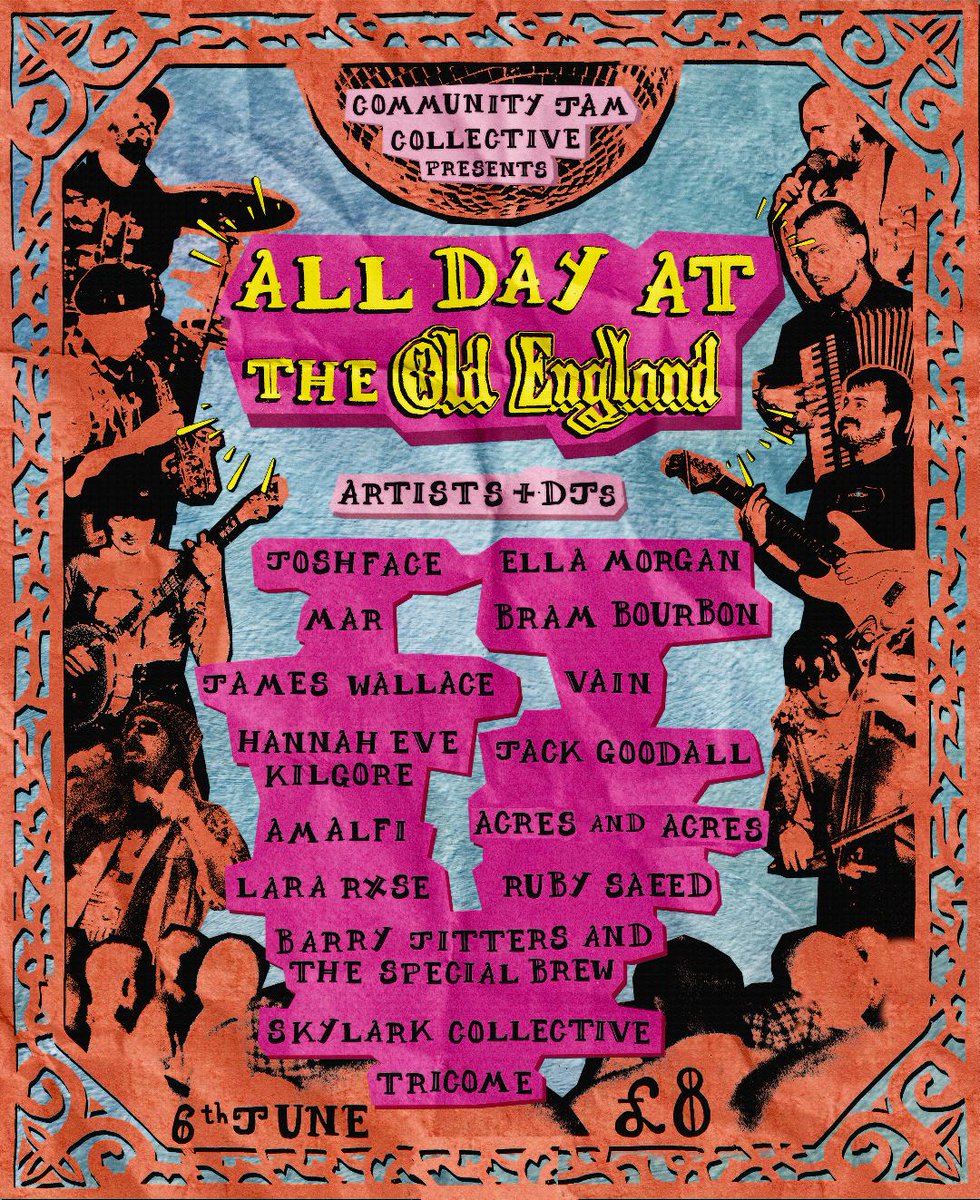 Joshface's tweet photo. I can announce that thanks to the Community Jam Collective, I'm playing an all-dayer The Old England, Bristol on the 6th of June

Doors: 14:00
Joshface: 17:50
Curfew: 00:00

Adv tix: £8 
https://t.co/gh1NOkKRdy https://t.co/O6Z5W8F5kg