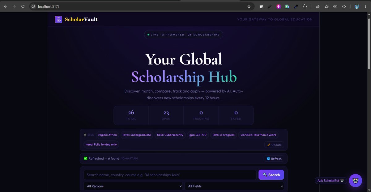 akinbami_s95026's tweet photo. I'm applying for scholarships myself,
the process is so painful I just started building a tool to fix it.
ScholarVault 🏛️ — AI scholarship finder that:
👇👇👇👇👇👇
#BuildInPublic #Scholarships #EdTech https://t.co/RWpCQB3Mjb
