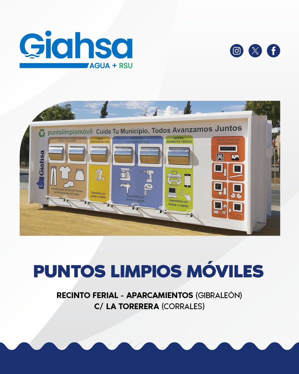 Giahsa's tweet photo. 🔴ℹ️ INFORMACIÓN IMPORTANTE

Instalados puntos limpios móviles en las siguientes localidades ⬇️

🔹 Recinto Ferial - Aparcamientos en #Gibraleón
🔹 C/ La Torerera en #Corrales 

🗓️ 24/05 - 7/06

'𝐶𝑢𝑖𝑑𝑎 𝑡𝑢 𝑚𝑢𝑛𝑖𝑐𝑖𝑝𝑖𝑜, 𝑡𝑜𝑑𝑜𝑠 𝑎𝑣𝑎𝑛𝑧𝑎𝑚𝑜𝑠 𝑗𝑢𝑛𝑡𝑜𝑠' https://t.co/UBBrE5jHed
