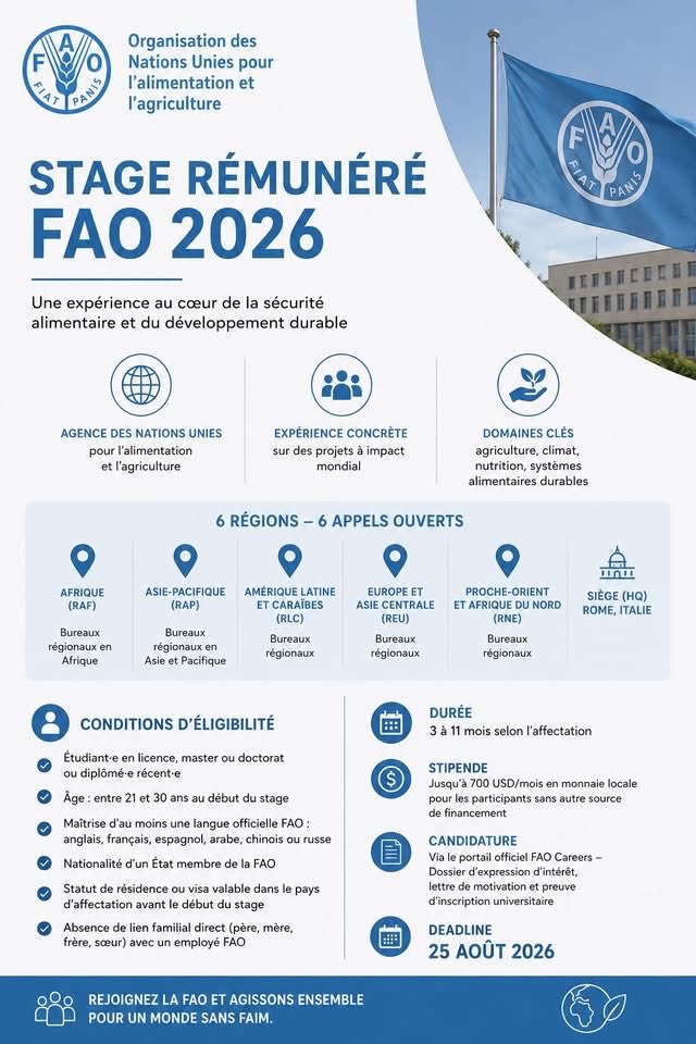 MrsScotty_M's tweet photo. Stage rémunéré FAO, Organisation des Nations Unies pour l'alimentation et l'agriculture, deadline : 25 août 2026

La FAO, Organisation des Nations Unies pour l'alimentation et l'agriculture, dont le siège est à Rome, ouvre ses candidatures pour son Programme de stages 2026, disponible dans 6 régions du monde.

De quoi s'agit-il ? 
La FAO est l'agence onusienne chargée de combattre la faim, améliorer la nutrition et promouvoir l'agriculture durable dans le monde. Son programme de stages offre à des étudiants et jeunes diplômés une expérience concrète au cœur du système multilatéral, sur des projets liés à la sécurité alimentaire, au changement climatique, au développement rural et aux systèmes alimentaires durables.

6 appels ouverts simultanément (deadline commune : 25 août 2026) :
▸ Afrique (RAF), Bureaux régionaux en Afrique 
▸ Asie-Pacifique (RAP), Bureaux régionaux en Asie et Pacifique 
▸ Amérique latine et Caraïbes (RLC), Bureaux régionaux 
▸ Europe et Asie centrale (REU), Bureaux régionaux 
▸ Proche-Orient et Afrique du Nord (RNE), Bureaux régionaux 
▸ Siège (HQ) — Rome, Italie

Conditions d'éligibilité clés : 
✔ Étudiant·e en licence, master ou doctorat, ou diplômé·e récent·e 
✔ Âge : entre 21 et 30 ans au début du stage 
✔ Maîtrise d'au moins une langue officielle FAO : anglais, français, espagnol, arabe, chinois ou russe 
✔ Nationalité d'un État membre de la FAO 
✔ Statut de résidence ou visa valable dans le pays d'affectation avant le début du stage 
✔ Absence de lien familial direct (père, mère, frère, sœur) avec un employé FAO

Durée : 3 à 11 mois selon l'affectation

Stipende : jusqu'à 700 USD/mois en monnaie locale pour les participants sans autre source de financement

Candidature : via le portail officiel FAO Careers, soumettre un dossier d'expression d'intérêt, une lettre de motivation et une preuve d'inscription universitaire

📅 Deadline : 25 août 2026

C'est une porte d'entrée concrète dans le système onusien.

🔗 Portail officiel et candidatures : https://t.co/m1tYMc7zMM