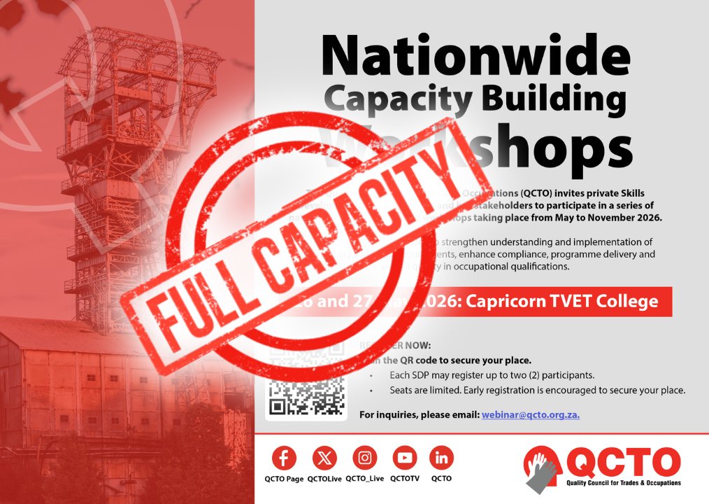 QCTOLive's tweet photo. The Polokwane leg of the Private SDP Capacity Building Workshop is now fully booked.
Please note: No walk-ins will be permitted. Entry will only be granted to registered attendees with confirmation.
#QCTO #SkillsDevelopment #CapacityBuilding #OccupationalQualifications https://t.co/2QqkPKXqC5