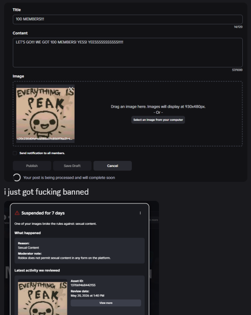 nuulcoolpro's tweet photo. instantly banned on roblox for sexual content because i uploaded an isaac meme to celebrate my community reaching 100 members #wtf https://t.co/HttTmQXnXF