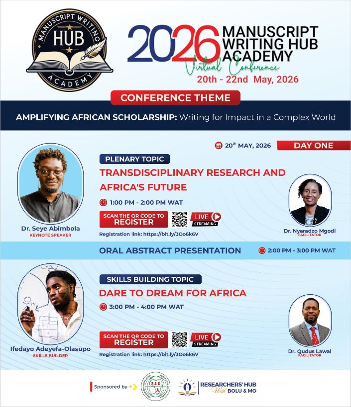 ajaid_official's tweet photo. DAY 1 IS TODAY! Are you prepared to join at 1 PM WAT? ⏰
TRANSDISCIPLINARY RESEARCH AND AFRICA'S FUTURE
DARE TO DREAM FOR AFRICA.
Don't miss it! See you in a few hours.
#ManuscriptWritingHub #Transdisciplinary #AfricasFuture #AJAID https://t.co/5JK6o41Cpo
