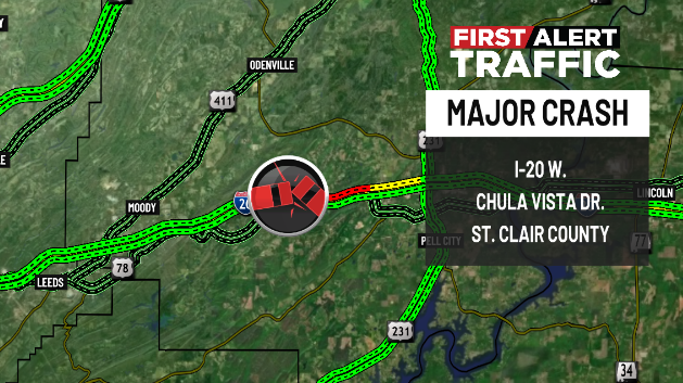 DestinyM_TV's tweet photo. First Alert:
There is a crash on I-20 W. at Chula Vista Dr. in #StClairCounty causing major delays this morning. Join us on GDA for updates. @WBRCnews @WBRCtraffic #wbrctraffic https://t.co/fDXpYYoSlF