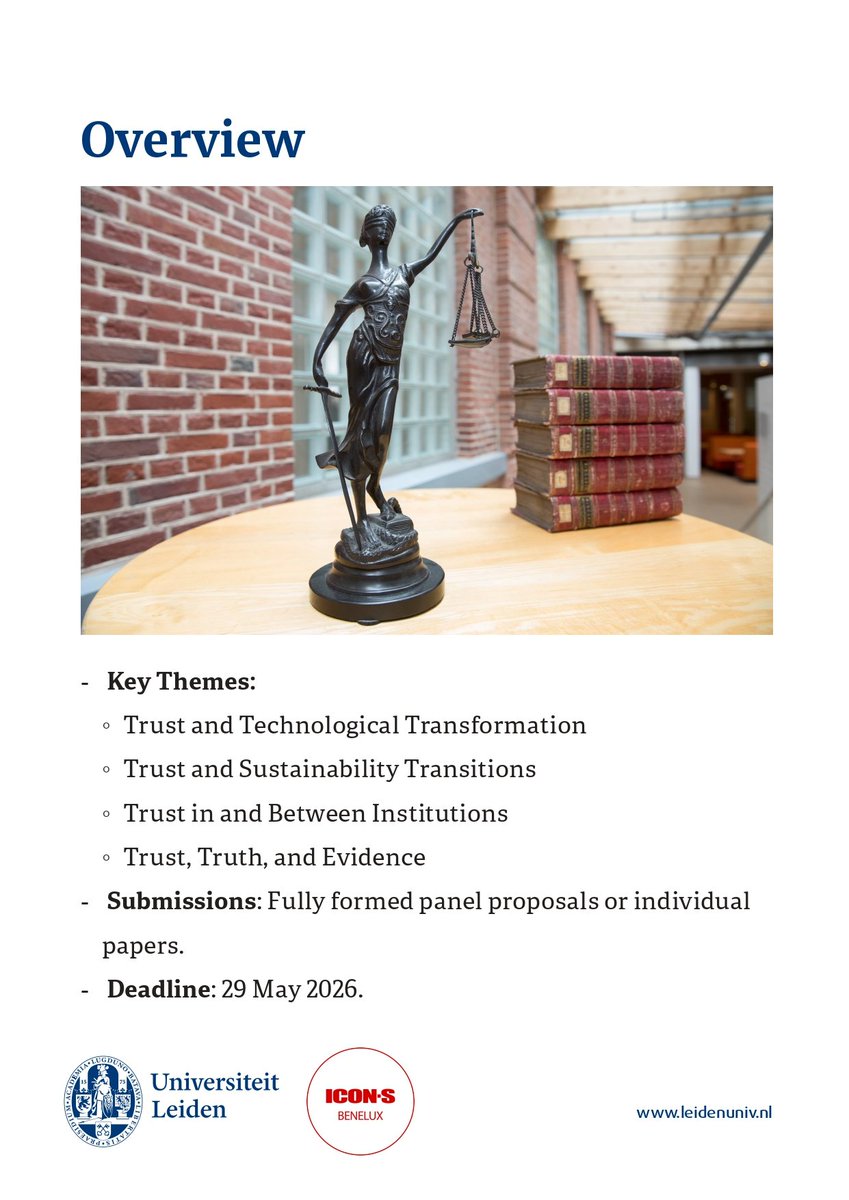 SpainIcon's tweet photo. Los y las colegas de @ICON_S_Benelux acaban de abrir el Call for Papers para su III Congreso General:

"Trust in Transition – Public Law in a Changing World"

🗓️ 26 y 27 de octubre de 2026
📌 Universidad de Leiden, Países Bajos

Toda la información 👀👇 https://t.co/Ydnigd5zpm