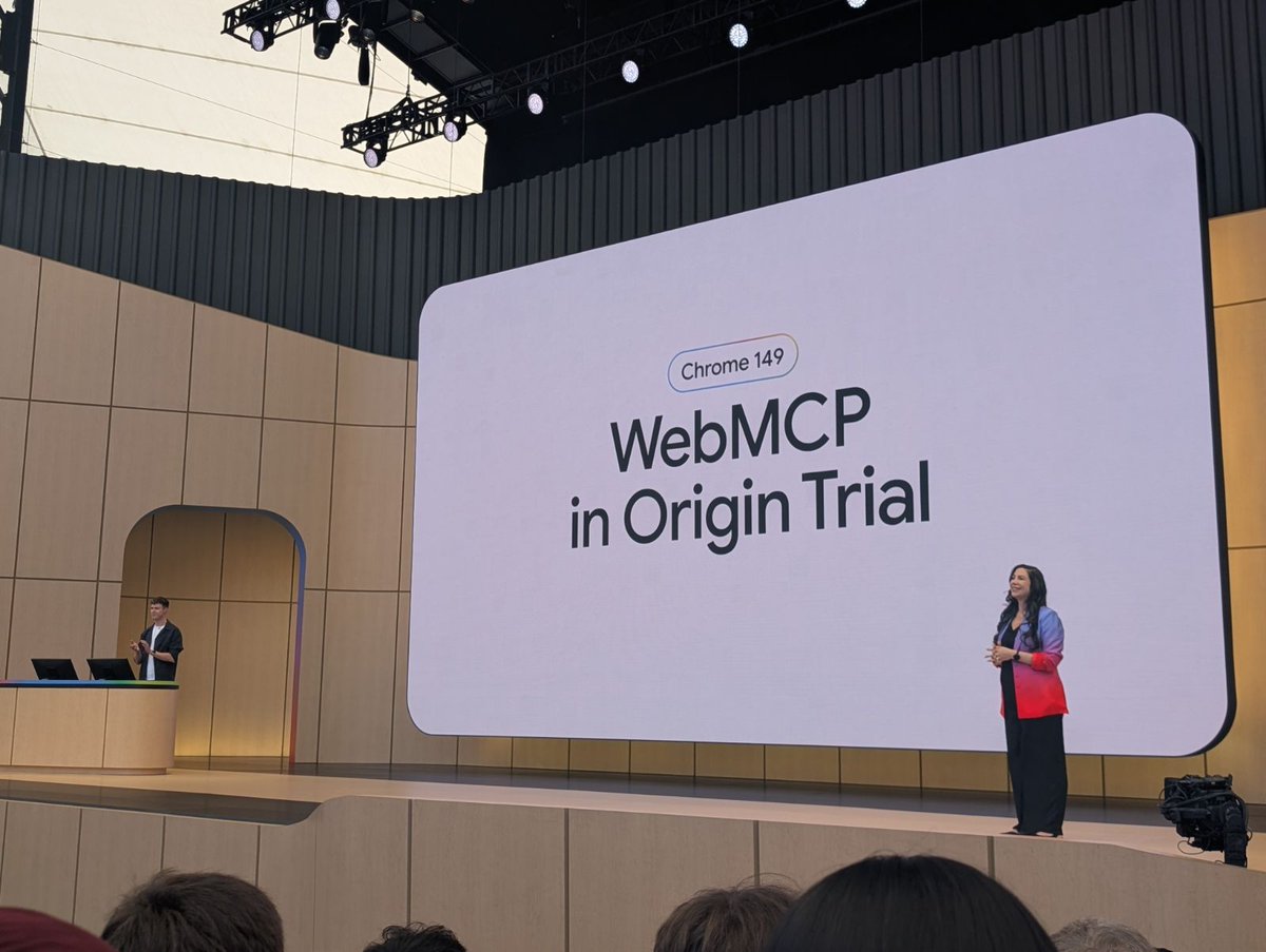 domfarolino's tweet photo. WebMCP got a great demo on the big stage at #GoogleIO! We announced an Origin Trial starting in Chrome 149, and we'd love feedback from developers.

In particular, we're considering introducing "skills", streamable tool inputs, and a way to prompt the browser for user input. https://t.co/zOYS4y0U2p