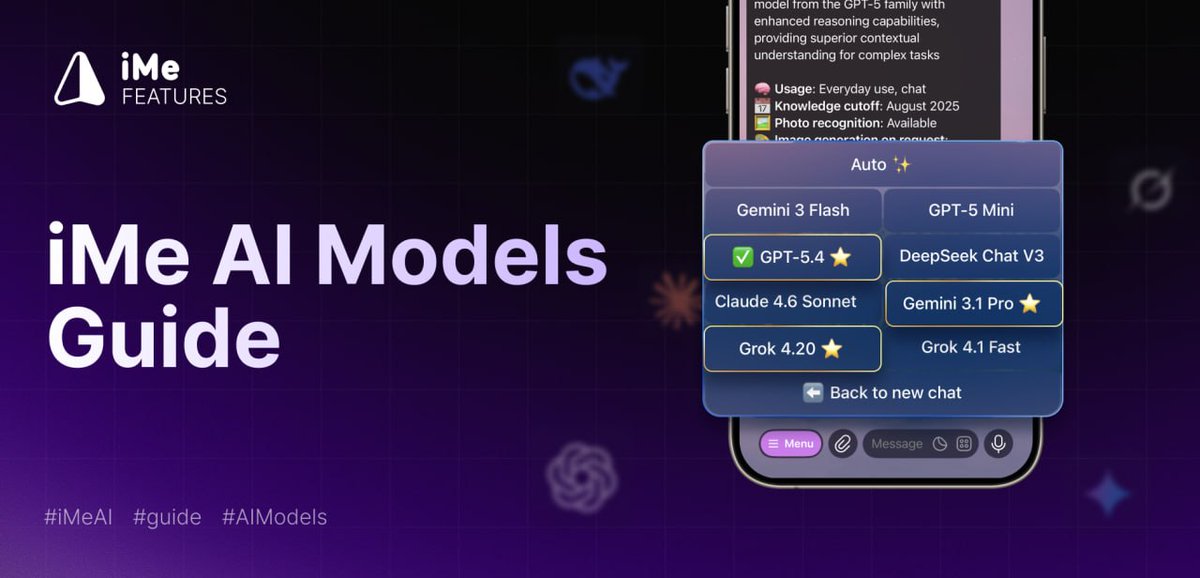 iMePlatform's tweet photo. 🤖 Why switch between #AI apps when everything is already inside iMe?

⚡️ Chat, code, research, summarize texts, generate images & avatars — all with top AI models in one messenger.
Start it now: https://t.co/k9bSBosKQC

🎁 Free access includes GPT-5 Mini, #Gemini Flash, @grok Fast, @deepseek_ai & #NanoBanana.

👑 Premium unlocks GPT-5.4, #Claude Sonnet, Gemini Pro, Grok 4.20 + x10 limits & pro image generation.

How to choose a model in iMe AI
- Open the iMe AI chat
- Tap “Menu”
- Select “Start new chat” or go to “Settings”
- Tap “Change model” and pick the one you need

Pick the perfect AI for every task directly in iMe AI.
#iMe #Telegram #Messenger #AIBoom