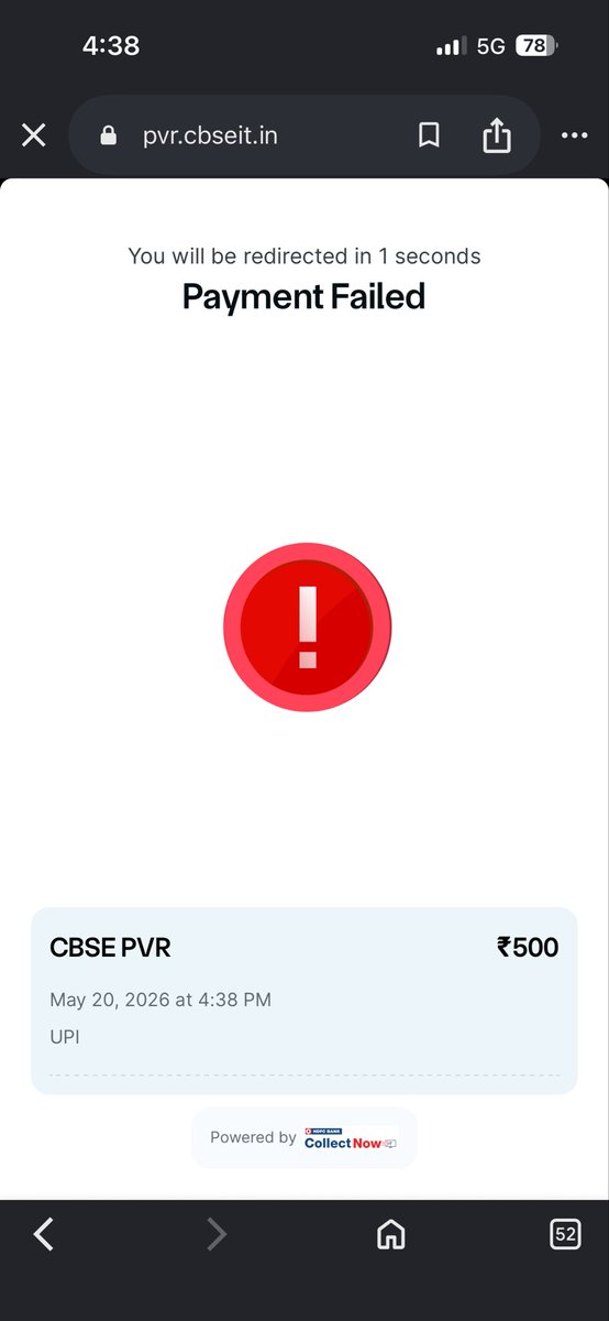 SaumyaS37838173's tweet photo. CBSE extended the deadline and promised the portal would work after 2 PM on 20 May, yet students are still facing payment failures and website crashes during re-evaluation submissions.

Lakhs of students are already under stress — how can they trust the system when even the payment gateway fails at the final step?

This isn’t “Digital India”, this is digital negligence.
Fix the portal immediately and extend the deadline properly.

@cbseindia29 @EduMinOfIndia @dpradhanbjp @PMOIndia @narendramodi @PIB_India @AshwiniVaishnaw @mygovindia @DDNewslive @airnewsalerts @ndtv @timesofindia @IndianExpress @htTweets @CNNnews18 @republic @aajtak @ABPNews @ZeeNews @News18India @IndiaToday @ThePrintIndia @PTI_News @ANI

#CBSE #CBSEReevaluation #CBSEVerification #CBSEResult #CBSEResults2026 #DigitalIndia #ViksitBharat #StudentLivesMatter #EducationSystem #CBSEPortal #Reevaluation #OSM #India #Students #CBSEUpdates