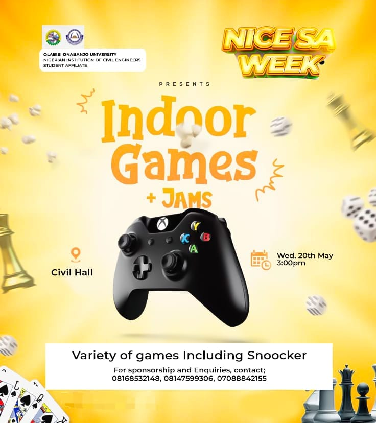 NICESA_OOU's tweet photo. Day 3 is officially on! 🎮♟️🔥
From intense indoor games to nonstop jams and good vibes, don't miss day 3!!!. Bring your squad, your skills, and your energy! 
See you there👀👋 #NICESAWeek26 #NICESAOOU #OOU #CivilEngineering #EngineeringStudents
#StudentCommunity #fypシ゚ https://t.co/BkmVMUDUrE
