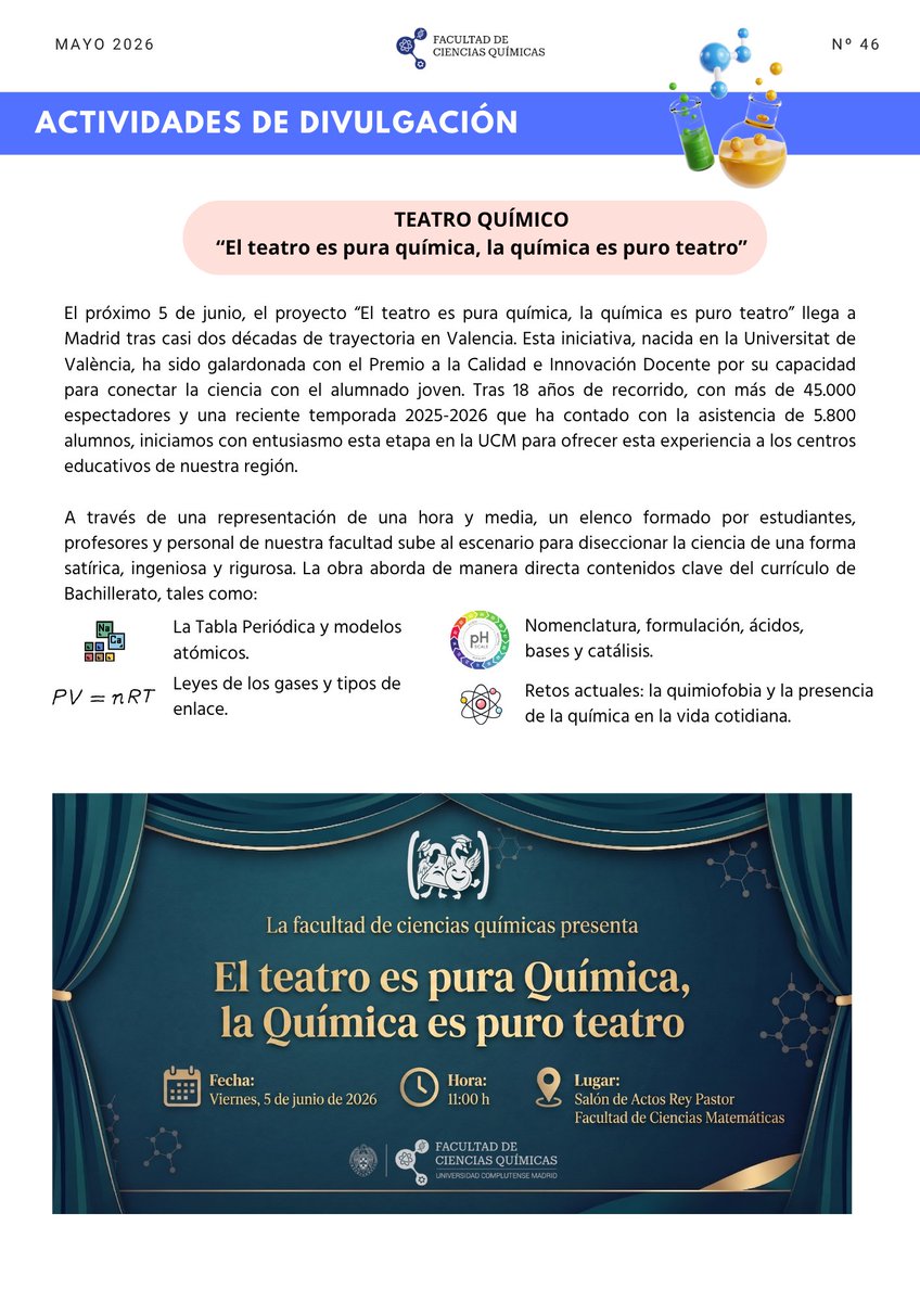 BYelamos's tweet photo. Y echa un vistazo a todas las  actividades de divulgación que aparecen en el Boletín de @quimicasUCM @JAblanque @isasi2014 

Descárgatelo en https://t.co/BG4TMpjhvQ! https://t.co/Ynji9R3Uo6