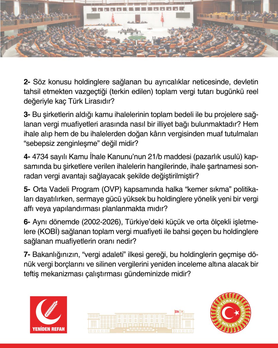 rprefahpartisi's tweet photo. Anayasa, herkesin mali gücüne göre vergi vermesini emretmesine rağmen; milyonlarca vatandaş ağır ekonomik yük altında yaşam mücadelesi verirken, kamu ihalelerinin değişmez adresi haline gelen bazı büyük şirketlere yüzlerce kez vergi muafiyeti ve ayrıcalık sağlanması kamu vicdanını derinden yaralamaktadır. Asgari ücretli, emekli ve küçük esnaf vergide ezilirken; ayrıcalıklı holdinglerin vergiden adeta korunması, ülkede vergi adaletinin kimler için işlediği sorusunu büyütmektedir. Konu ile ilgili yazılı soru önergemiz, Konya Milletvekilimiz Ali Yüksel tarafından TBMM’ye sunulmuştur.
