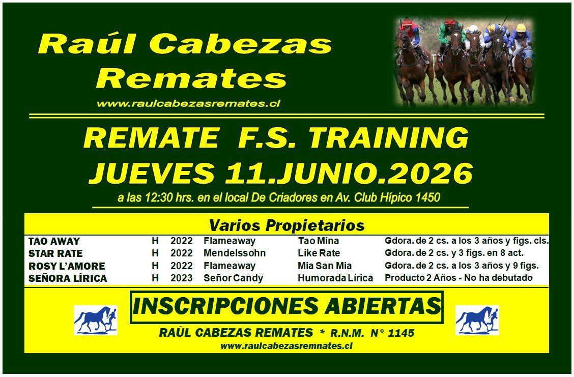 RCRemates's tweet photo. Inscritos Remate en Training: Jueves 11 de junio a las 12:30 en el Local de Criadores (Club Hípico 1450, Santiago). #RCRemates

INSCRIPCIONES ABIERTAS 🔴 SIN MÍNIMOS - AL MEJOR POSTOR. https://t.co/zw4Chd5TH8 https://t.co/x8ySOcBsyA