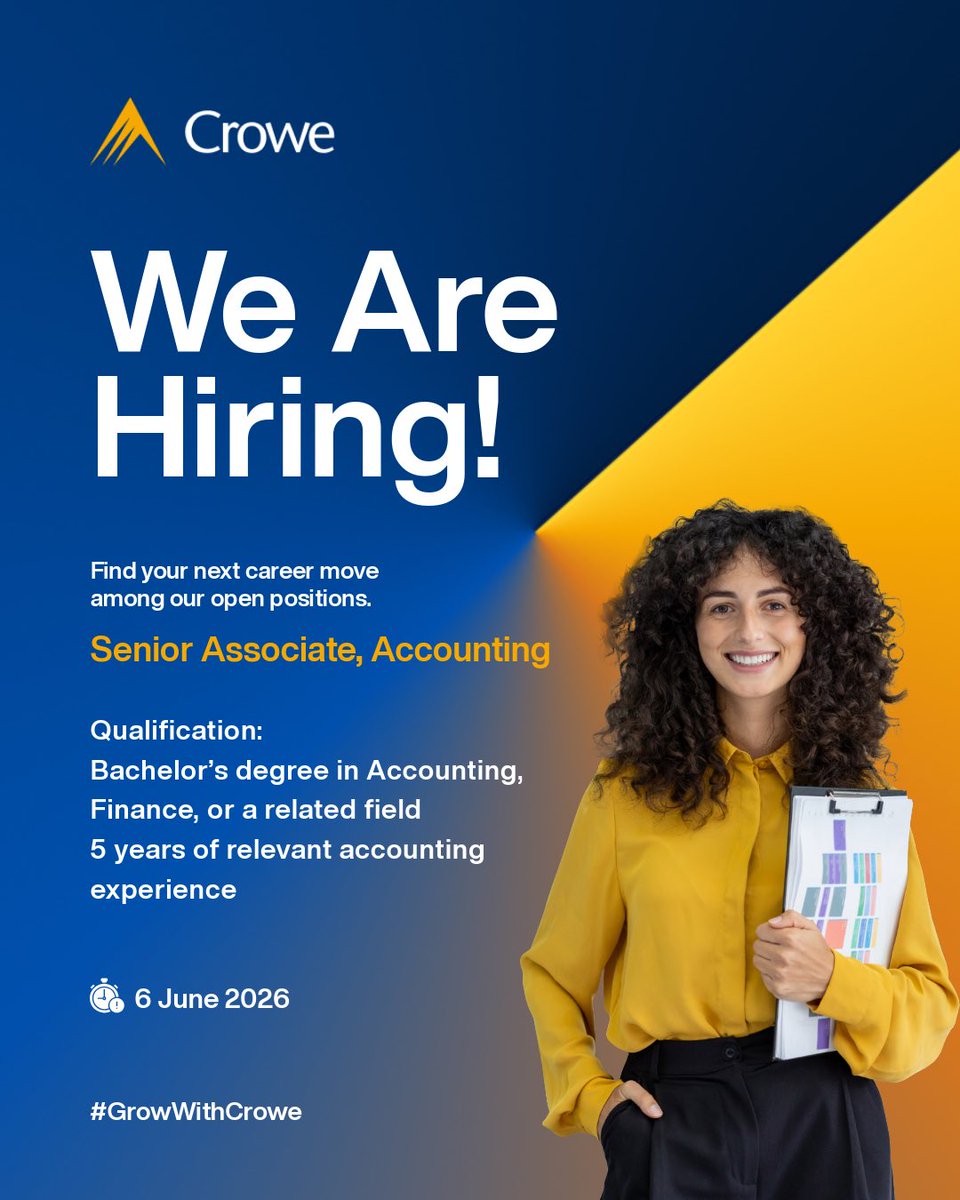 crowemv's tweet photo. Join the Crowe Maldives team as a Senior Associate, Accounting and take the next step in your professional journey. If you have the experience, expertise, and drive to grow with a leading firm, we’d love to hear from you.

Apply now at https://t.co/Zns5bZQuQk https://t.co/3DhjQdb9L0