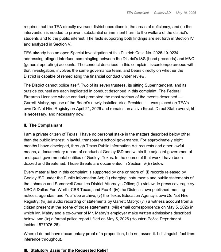 TravisREMindset's tweet photo. We cooking. This week I filed comments with the Texas AG against Godley ISD's legal counsel and a formal complaint with TEA asking for conservatorship over the district.

One citizen. No law firm. No title. Just records, the law, and the willingness to get hit.

That's all it takes. They are not untouchable. Learn the tools. Use them. I'll show you how.

Advocacy Playbook: https://t.co/vNMfFo9OqV