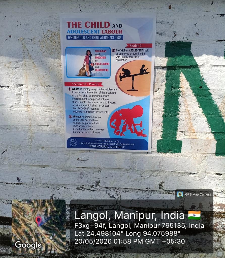 Deva1774464's tweet photo. As part of the #JanBhagidariAbhiyan2026, DCPU Tengnoupal conducted a poster campaign at Langol area under Machi Block, Tengnoupal District, creating awareness against child labour and child marriage.#Governm https://t.co/2CTTeYHWRL