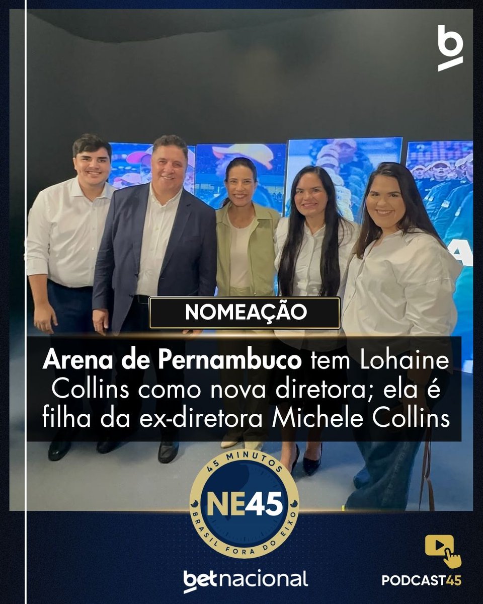 NE45Minutos's tweet photo. A Arena de Pernambuco teve sua nova diretora nomeada no último dia 12, através do Diário Oficial do Governo de Pernambuco. É a cantora gospel Lohaine Collins (no lado direito da foto), filha de Michelle Collins, ex-diretora do equipamento público e que se afastou do cargo no dia 1 de abril para concorrer a uma vaga como deputada federal.

A nova diretora da Arena de Pernambuco é filha da missionária com o pastor Cleiton Collins, atual deputado estadual, e irmã do vereador do Recife Alef Collins.

Ela já esteve presente em eventos oficiais da Arena de Pernambuco nas últimas semanas, como numa visita de representantes do Ministério do Esporte e da FIFA como parte de uma reunião de alinhamento institucional e visita técnica ao estádio, visando o planejamento para a Copa do Mundo Feminina de 2027, que será disputada no Brasil.

📷: Divulgação/Instagram
11 h